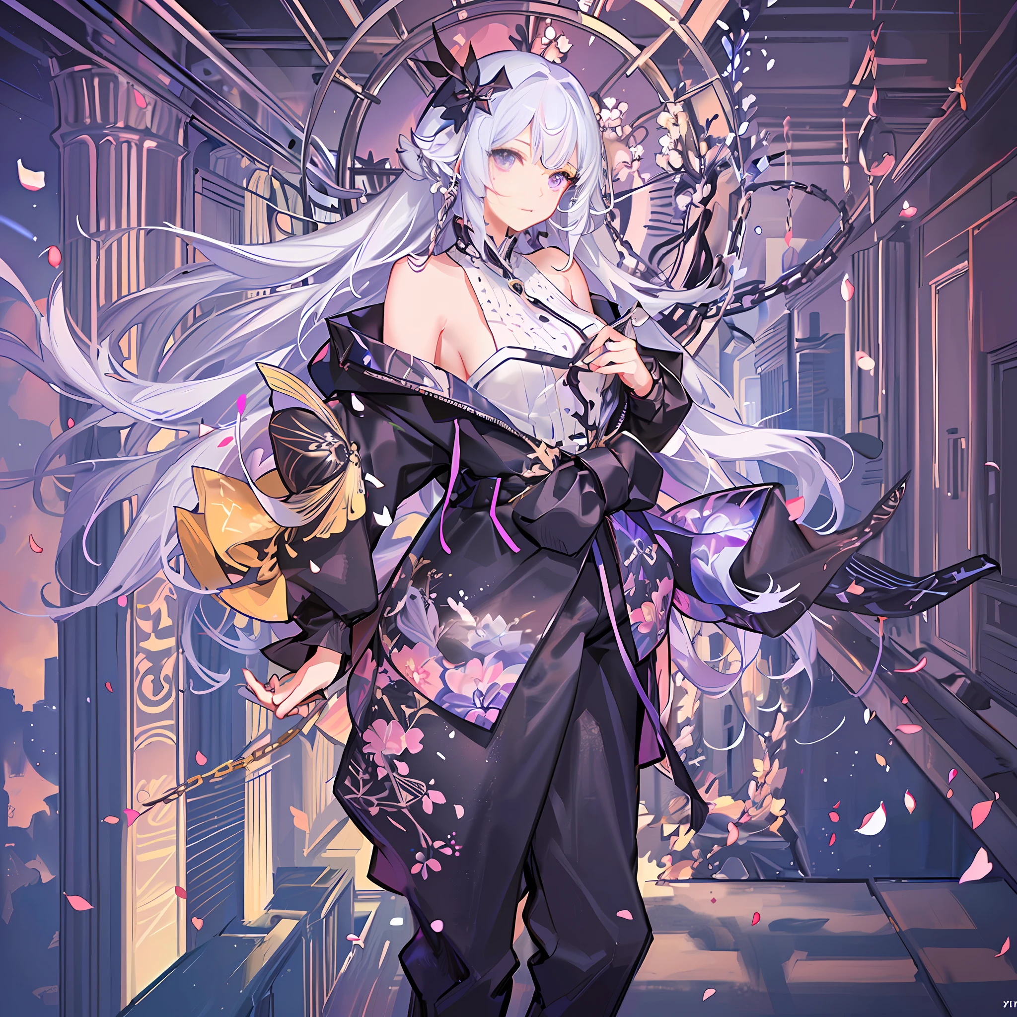 Original, (masterpiece), (illustration:1.2), (extremely beautiful), (perfect detail), (unity CG 8K wallpaper:1.05), (ray tracing), (((sparkle,))), (beautiful clear background: 1.25), (paper chain), (depth of field: 0.6), falling petals, streamers, magazine cover, [pen drawing: oil painting: 0.35 ], tassels, moving lines, (1 cute girl with (long gradient hair: 0.95) and purple eyes, standing on the slope of the city, in the morning light of sunset: 1.15), (her hands in pockets), (from the side: 1.2), (head tilt: 1.65), (leaning_back: 1.25), (details beautiful eyes: 1.1), (pretty face: 1.2), messy hair, (hair fluttering in the wind: 1.1), (close-up :1.1)(organized:1.4), loose hair, she's wearing (off - off-the-shoulder coat), black tank top, vertical striped trousers, white silhouette,