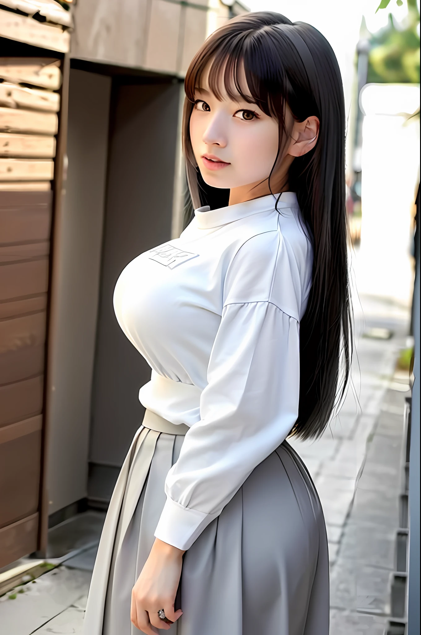 ((((((looking at camera)))))), Photo, Best Quality, Masterpiece, Super Resolution, (Photoreal: 1.4), 1 very young Caucasian girl, 18 years old, very white beautiful face, white face, Smile, long black hair, (((huge bust))), tall, long legs, white shirt, (((gray skirt))), famous Japanese actress, very beautiful, 8k, full body, town, sidewalk , ((((((equal body)))))),(((from side)))
