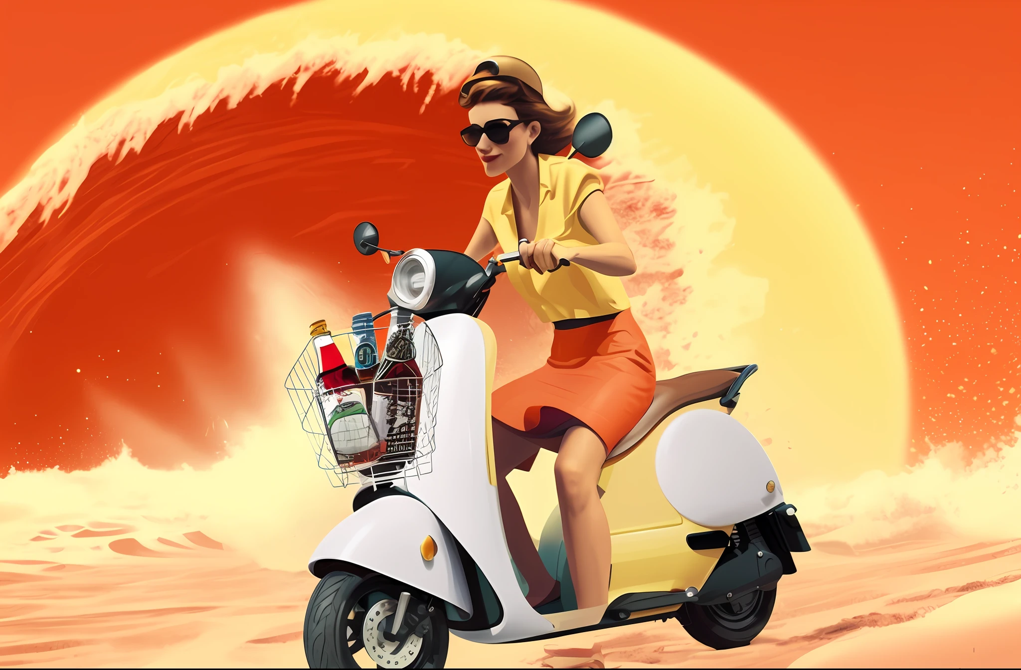 there is a woman riding a scooter on the beach, inspired by Otto Eckmann, commercial illustration, stylized digital illustration, beer advertisement, coka-cola advertisement, lava, inspired by Cornelisz Hendriksz Vroom, moped, retro style art, inspired by mads berg, album art, girl screamin yolo - aesthetic