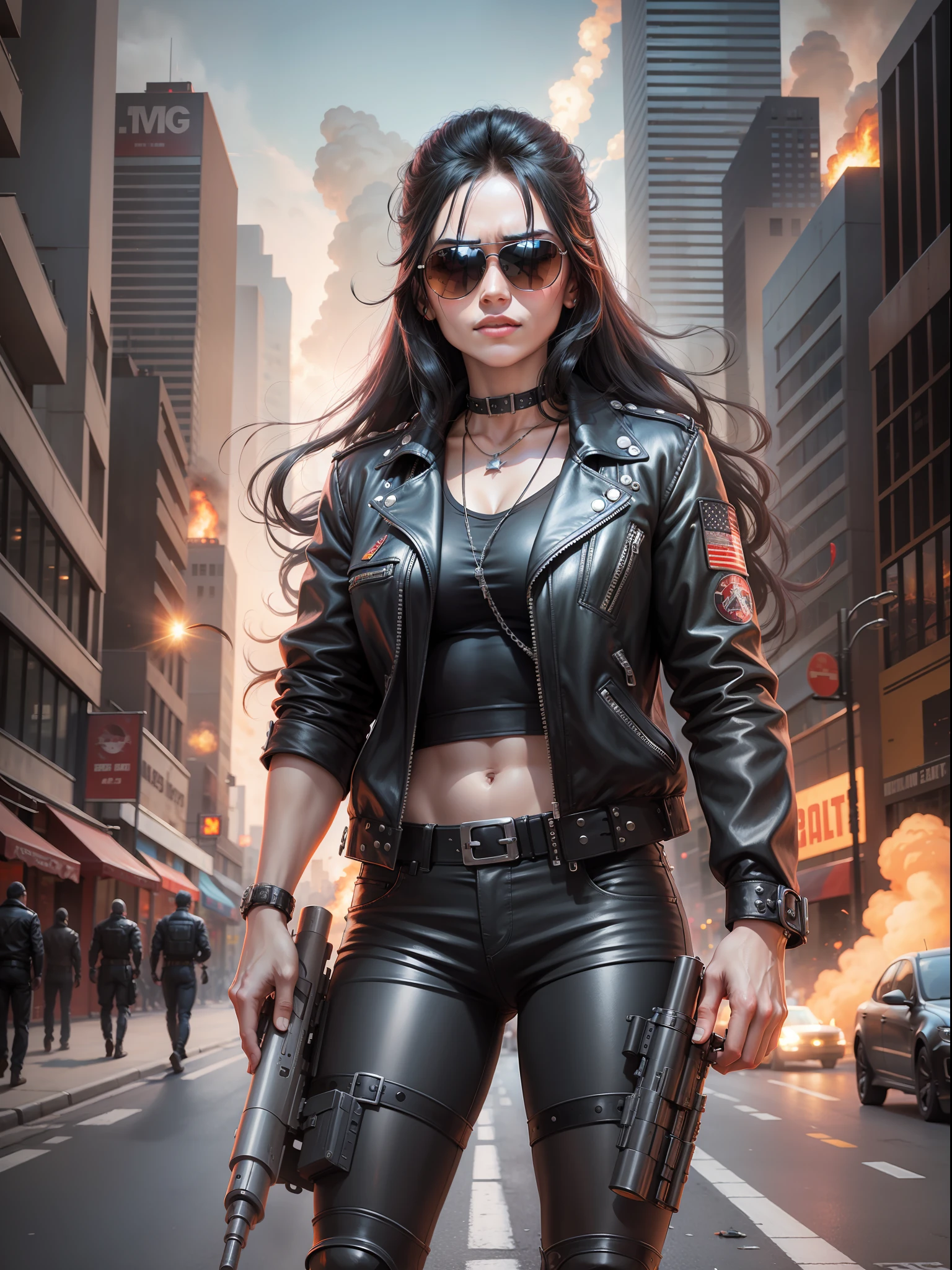 Terminator, long black hair, sunglasses, cheerful, rivets, shoots with a big gun on the city street with explosions behind, movie poster