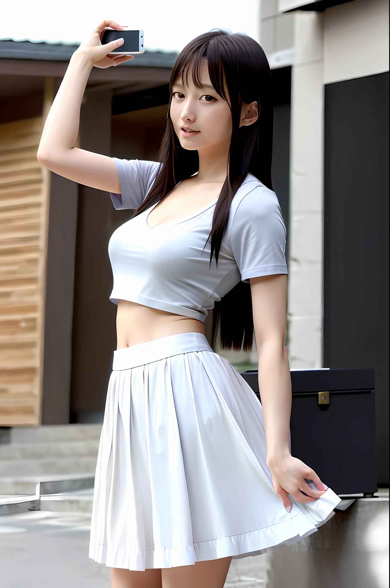((((((looking at camera)))))), Photo, Best Quality, Masterpiece, Super Resolution, (Photoreal: 1.4), 1 very young Caucasian girl, 18 years old, very white beautiful face, white face, Smile, long black hair, (((huge bust))), tall, long legs, white shirt, (((gray skirt))), famous Japanese actress, very beautiful, 8k, full body, town, sidewalk , ((((((equal body)))))),(((from side)))