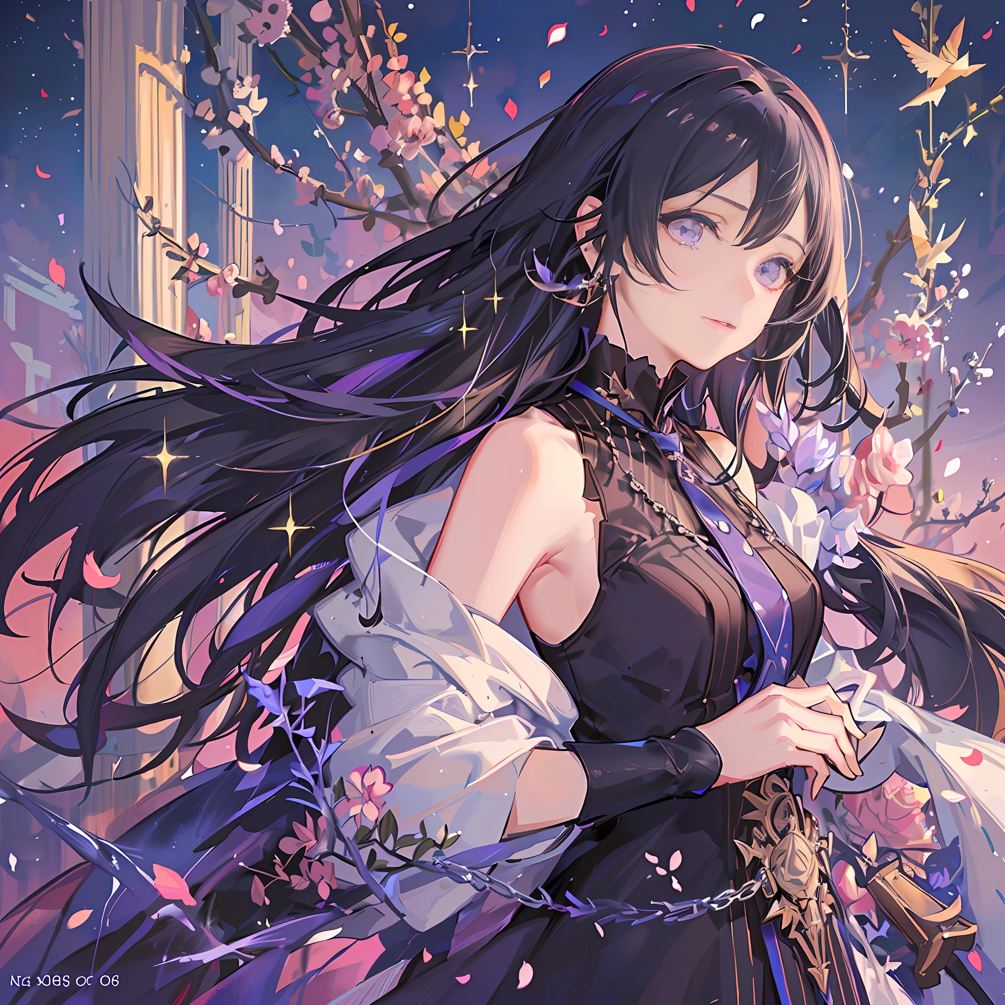 Original, (masterpiece), (illustration:1.2), (extremely beautiful), (perfect detail), (unity CG 8K wallpaper:1.05), (ray tracing), (((sparkle,))), (beautiful clear background: 1.25), (paper chain), (depth of field: 0.6), falling petals, streamers, magazine cover, [pen drawing: oil painting: 0.35 ], tassels, moving lines, (1 cute girl with (long gradient hair: 0.95) and purple eyes, standing on the slope of the city, in the morning light of sunset: 1.15), (her hands in pockets), (from the side: 1.2), (head tilt: 1.65), (leaning_back: 1.25), (details beautiful eyes: 1.1), (pretty face: 1.2), messy hair, (hair fluttering in the wind: 1.1), (close-up :1.1)(organized:1.4), loose hair, she's wearing (off - off-the-shoulder coat), black tank top, vertical striped trousers, white silhouette,