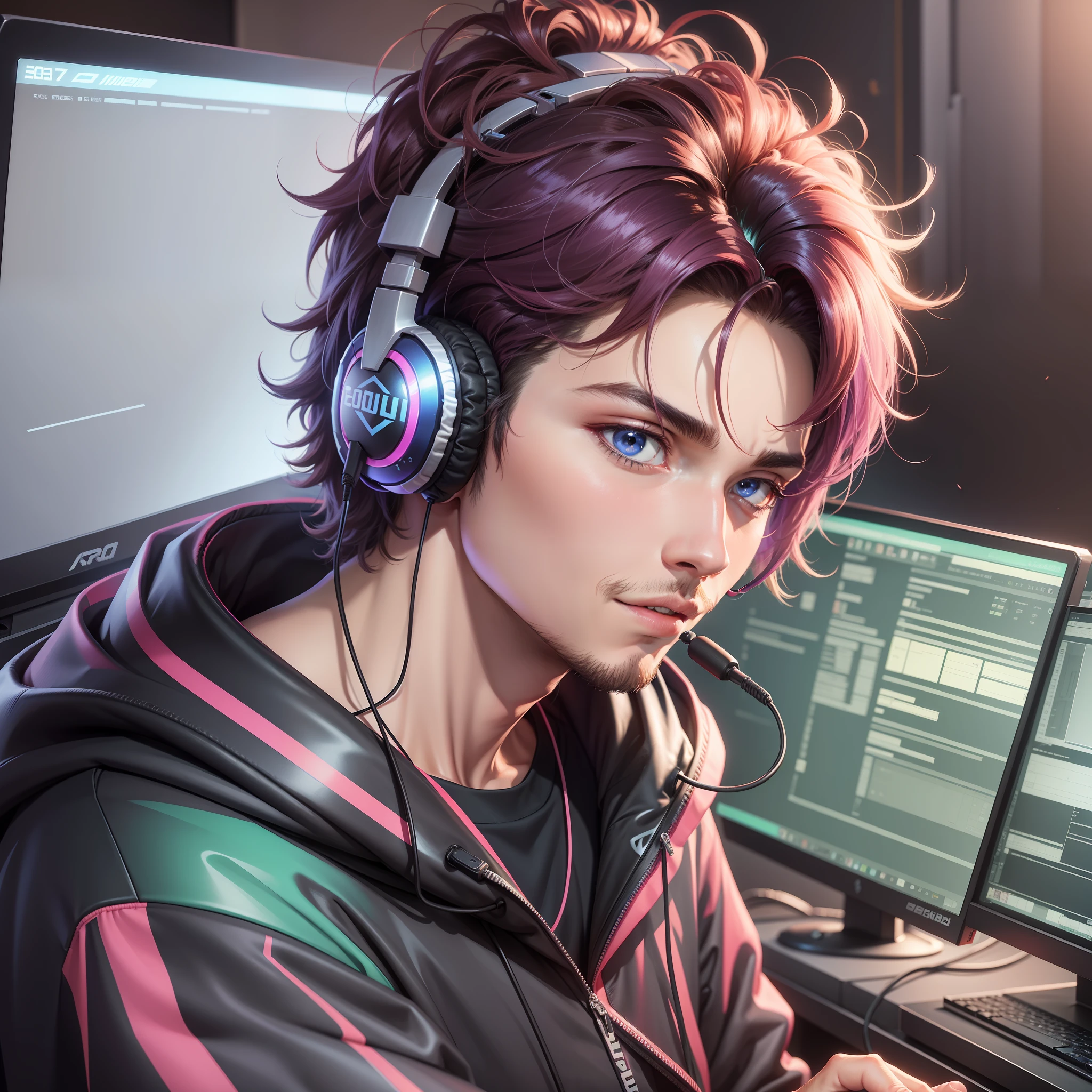 a man, 20 years old, gamer, streamer, he's using a headset, pov, 1990 anime style, high quality, 8k, vibrant colors
