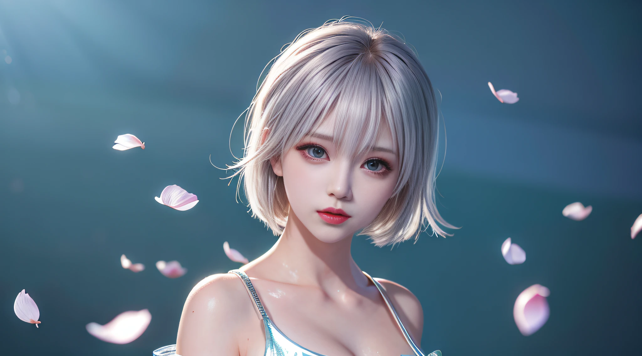 Silver hair, short hair, upper body, standing underwater, split bangs, modern, surreal, cinematic lighting, chiaroscuro, masterpiece, textured skin, high resolution, high quality, high detail, beautiful face, beautiful breasts, pronounced cleavage, translucent clothes, falling petals