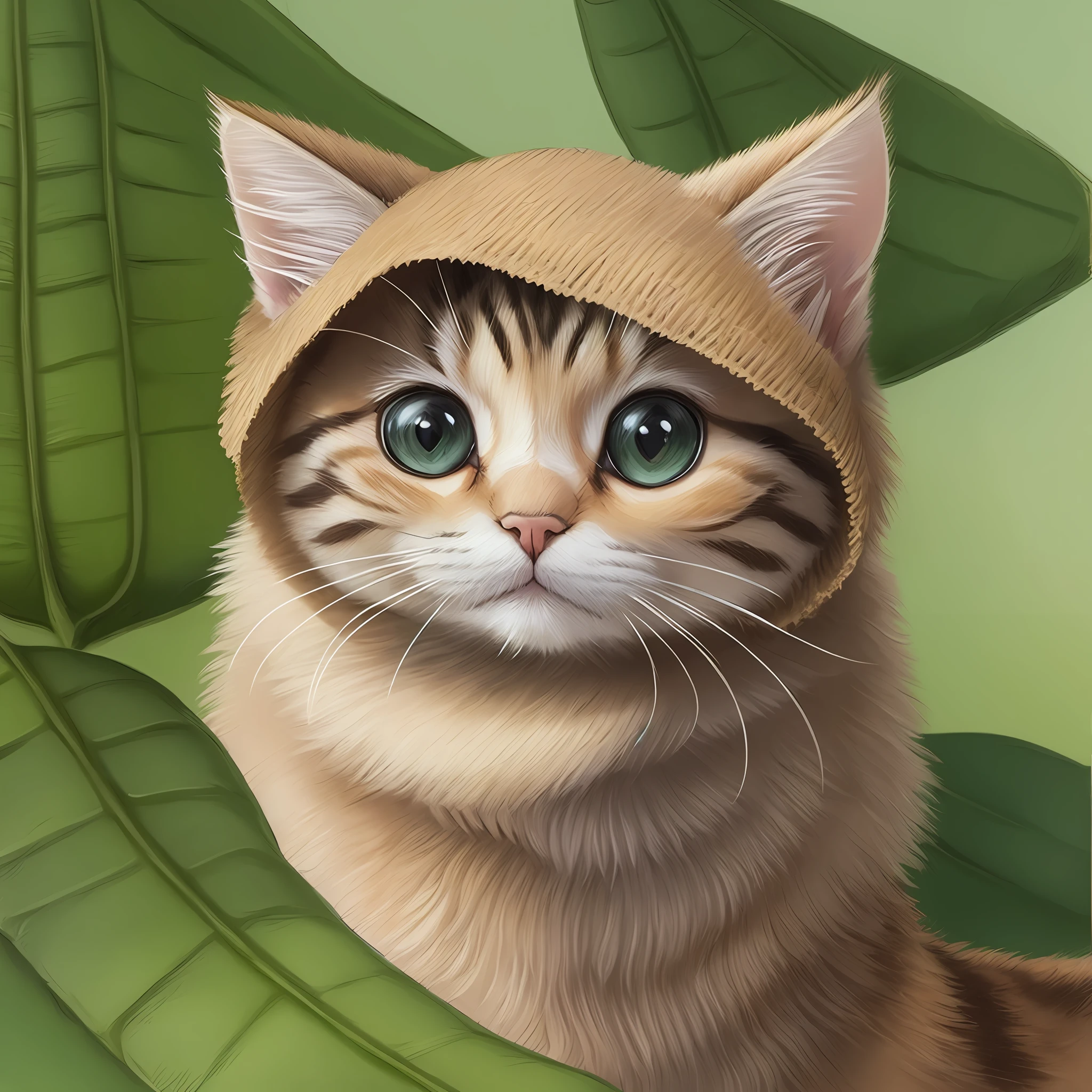A very small cat wrapped in a towel and showing its face, bright sunlight, botanical art, --auto --s2