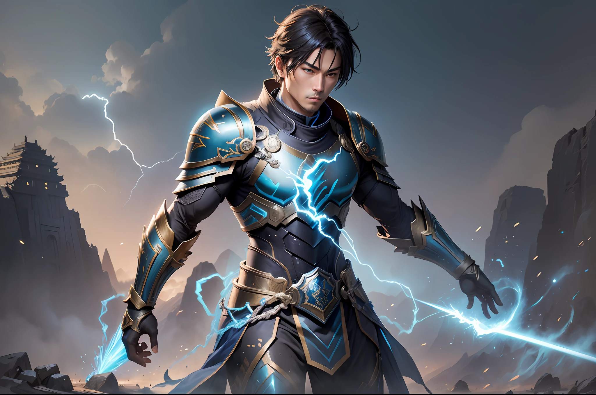(Male general in ancient armor: 1.5), blue and black lightning effect particles emitted on the body, (Qin State border ancient battlefield background: 1.1), (best quality), full body, ultra-wide angle, clear HD, 8K resolution, digital painting, concept art, Shinkai Makoto style, POP trend, Pixiv hot trend