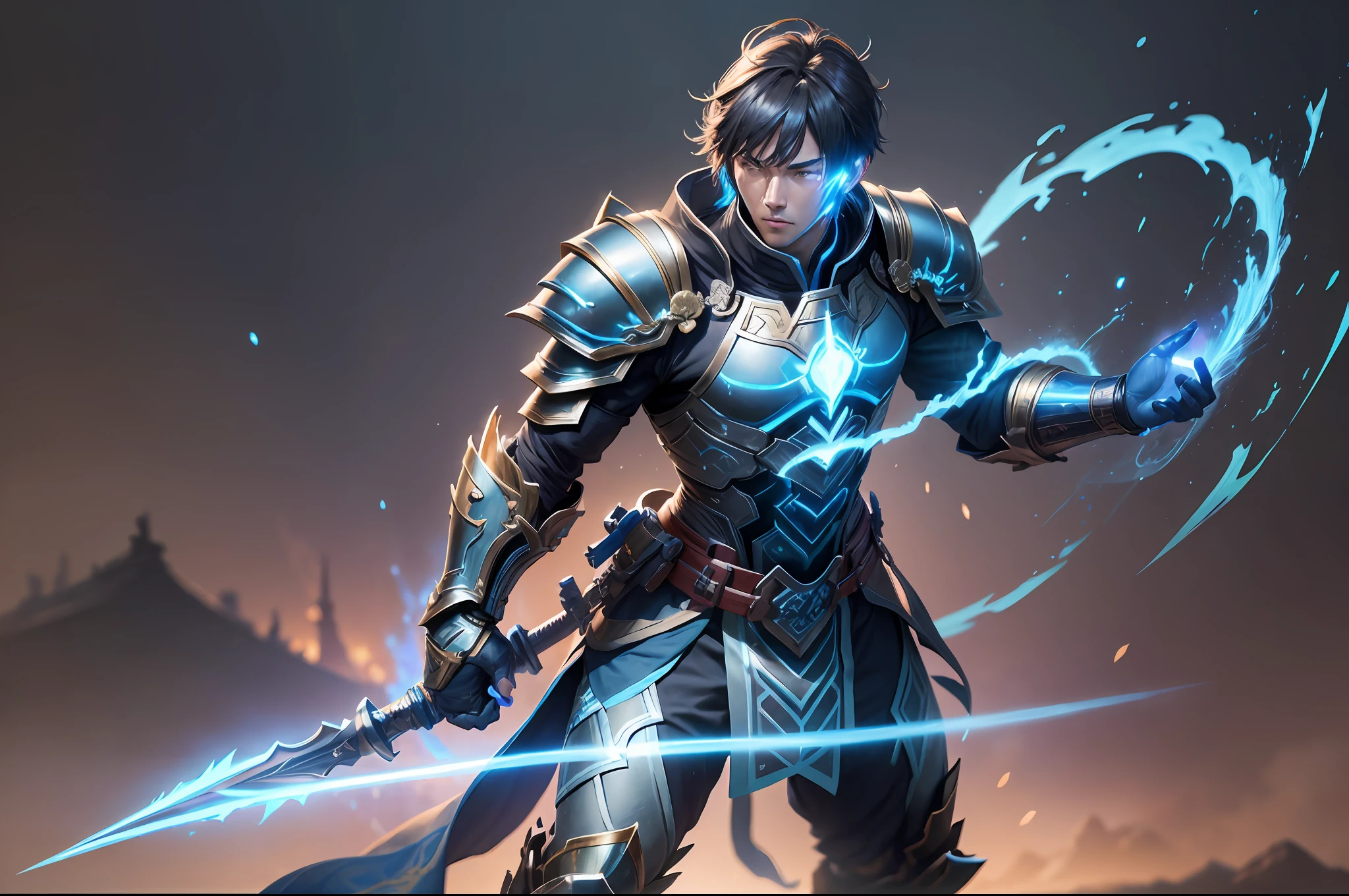 (Male general in ancient armor: 1.5), blue and black lightning effect particles emitted on the body, (Qin State border ancient battlefield background: 1.1), (best quality), full body, ultra-wide angle, clear HD, 8K resolution, digital painting, concept art, Shinkai Makoto style, POP trend, Pixiv hot trend