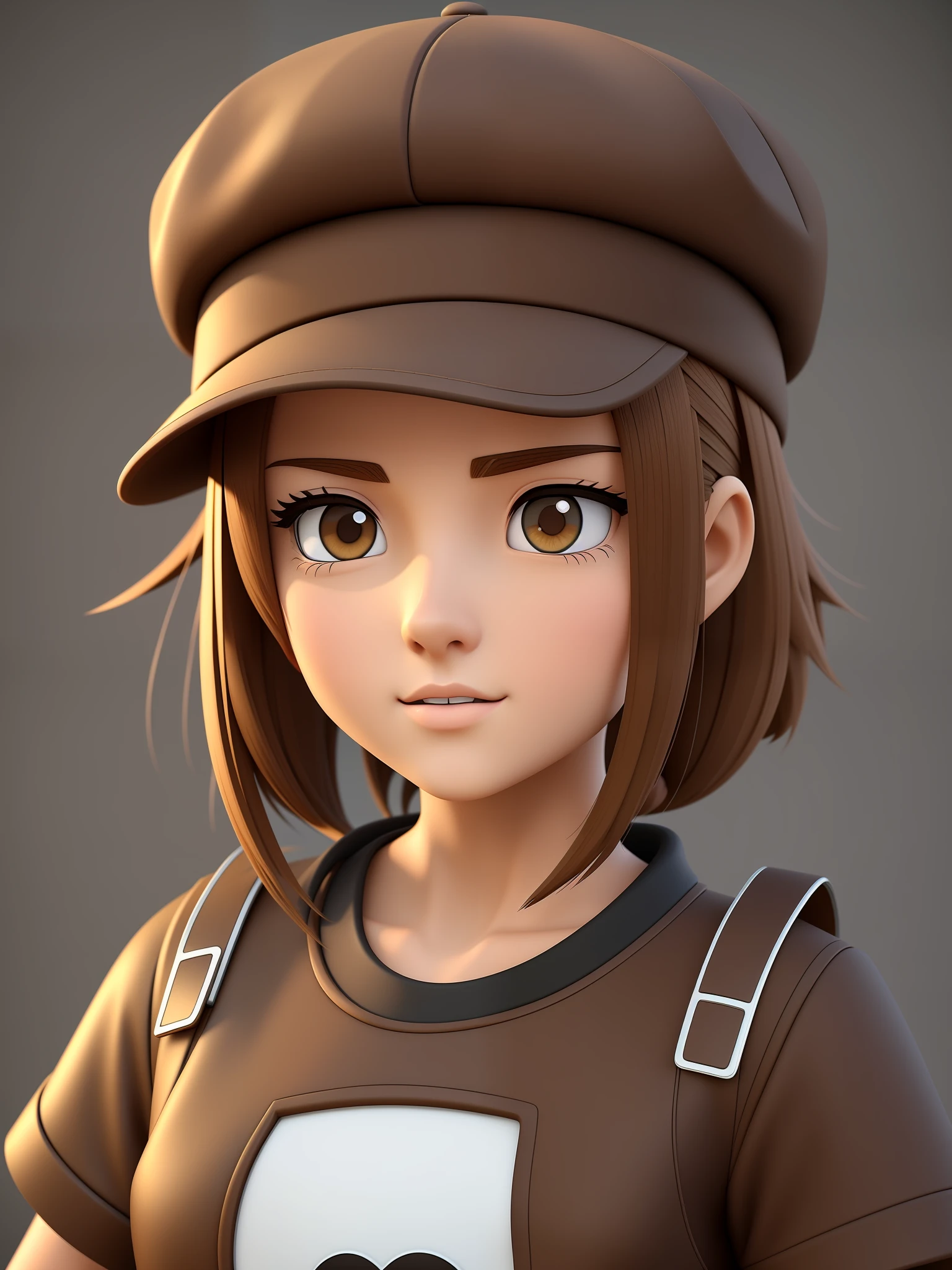 Young girl, a closeup of a cartoon character wearing a light brown cap, ((brown eyes)), stylized character, animated character, stylized 3d render, 3d character, highly detailed character, stylized anime, stylized 3d, render character, character model, full body