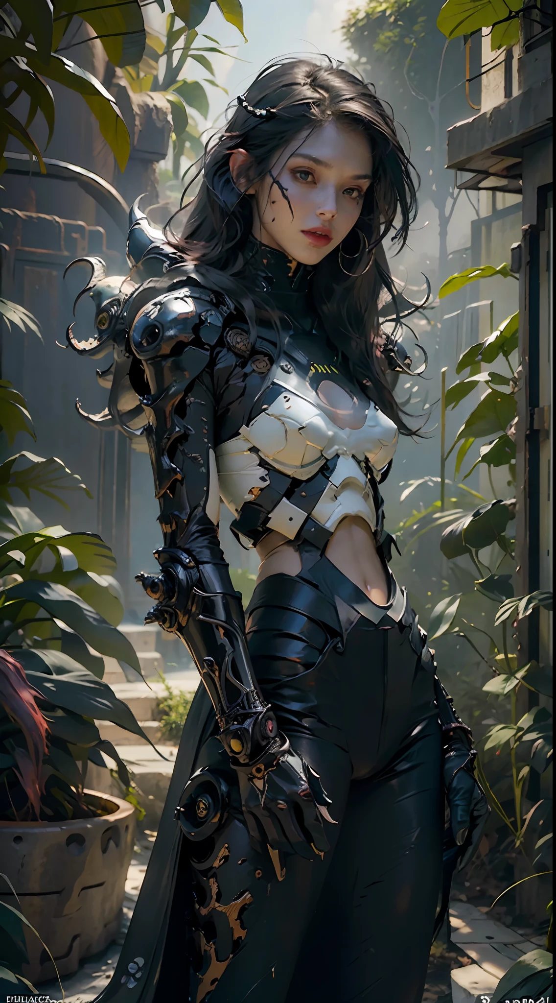 Beautiful Female Xenomorph, photorealistic style, creature, sci-fi, dark, sleek texture, shiny exoskeleton, biomechanical design, elongated head, elongated jaw, sharp teeth, piercing black eyes, slender body, biomechanical tail, translucent membrane, eerie atmosphere, lush alien landscape, vibrant flora, mysterious rock formations, atmospheric lighting, cascading waterfalls, ethereal mist, distant alien sky, captivating celestial bodies