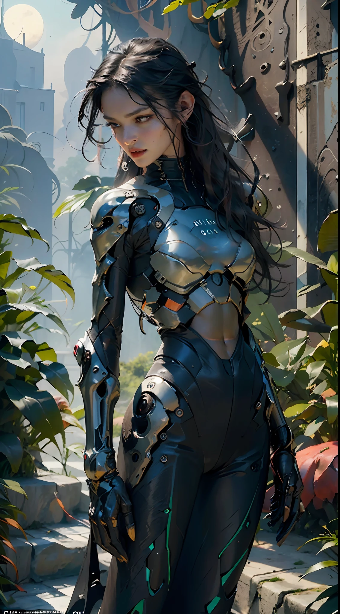 Beautiful Female Xenomorph, photorealistic style, creature, sci-fi, dark, sleek texture, shiny exoskeleton, biomechanical design, elongated head, elongated jaw, sharp teeth, piercing black eyes, slender body, biomechanical tail, translucent membrane, eerie atmosphere, lush alien landscape, vibrant flora, mysterious rock formations, atmospheric lighting, cascading waterfalls, ethereal mist, distant alien sky, captivating celestial bodies