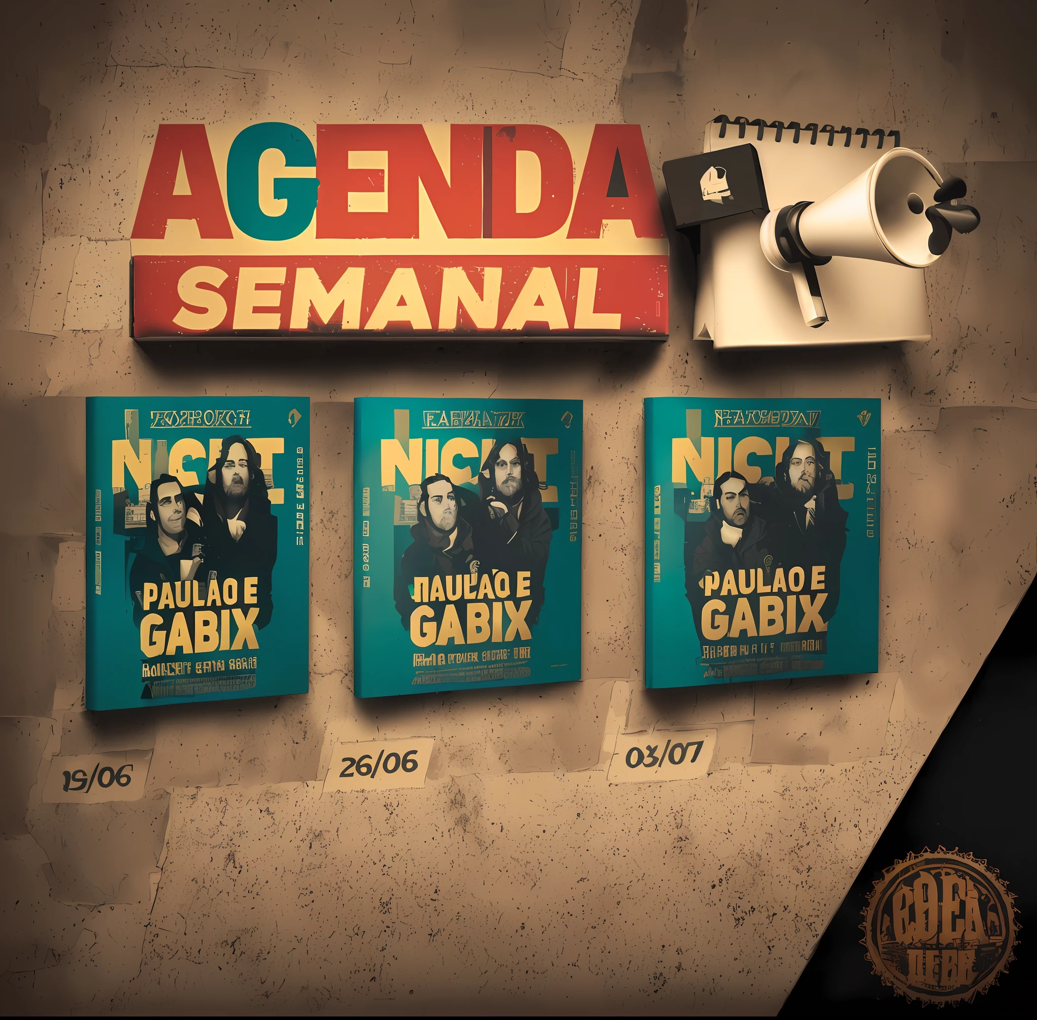 a group of three books with a megaphone on top of them, gadigal, looks like fabiula nascimento, by Fernando Gerassi, promo material, promo, by Gabriel Ba, by Fede Galizia, by Pablo Carpio, night!, gabagool, by Robert Combas, by Caesar Andrade Faini, angie glocka