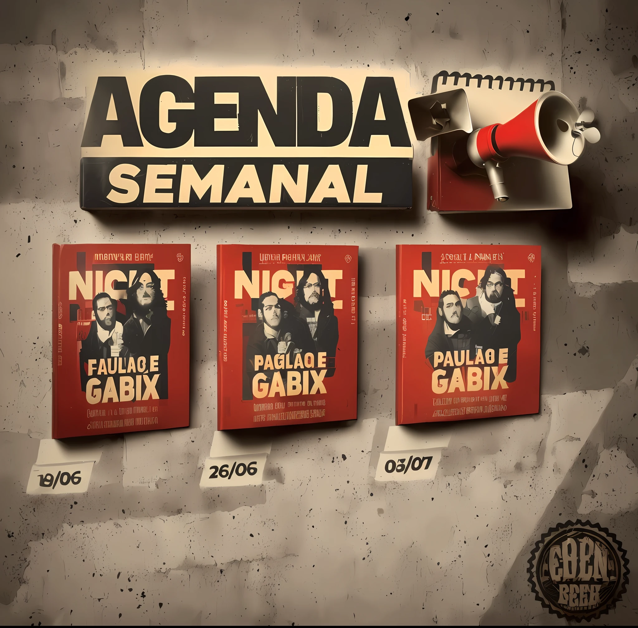 a group of three books with a megaphone on top of them, gadigal, looks like fabiula nascimento, by Fernando Gerassi, promo material, promo, by Gabriel Ba, by Fede Galizia, by Pablo Carpio, night!, gabagool, by Robert Combas, by Caesar Andrade Faini, angie glocka