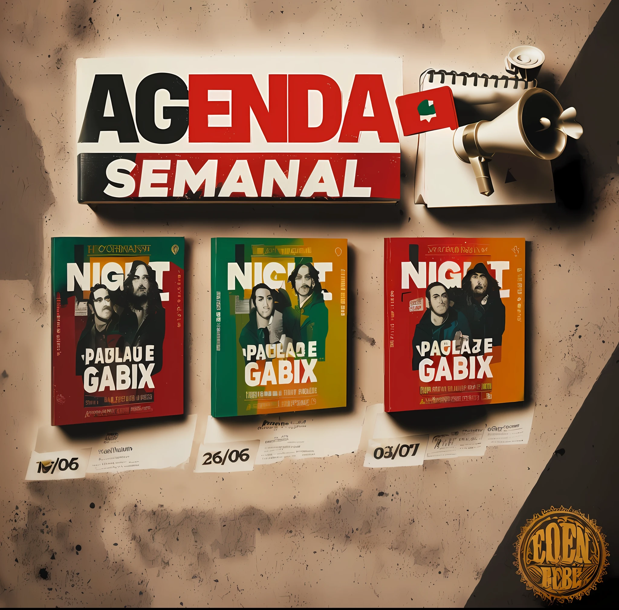 a group of three books with a megaphone on top of them, gadigal, looks like fabiula nascimento, by Fernando Gerassi, promo material, promo, by Gabriel Ba, by Fede Galizia, by Pablo Carpio, night!, gabagool, by Robert Combas, by Caesar Andrade Faini, angie glocka