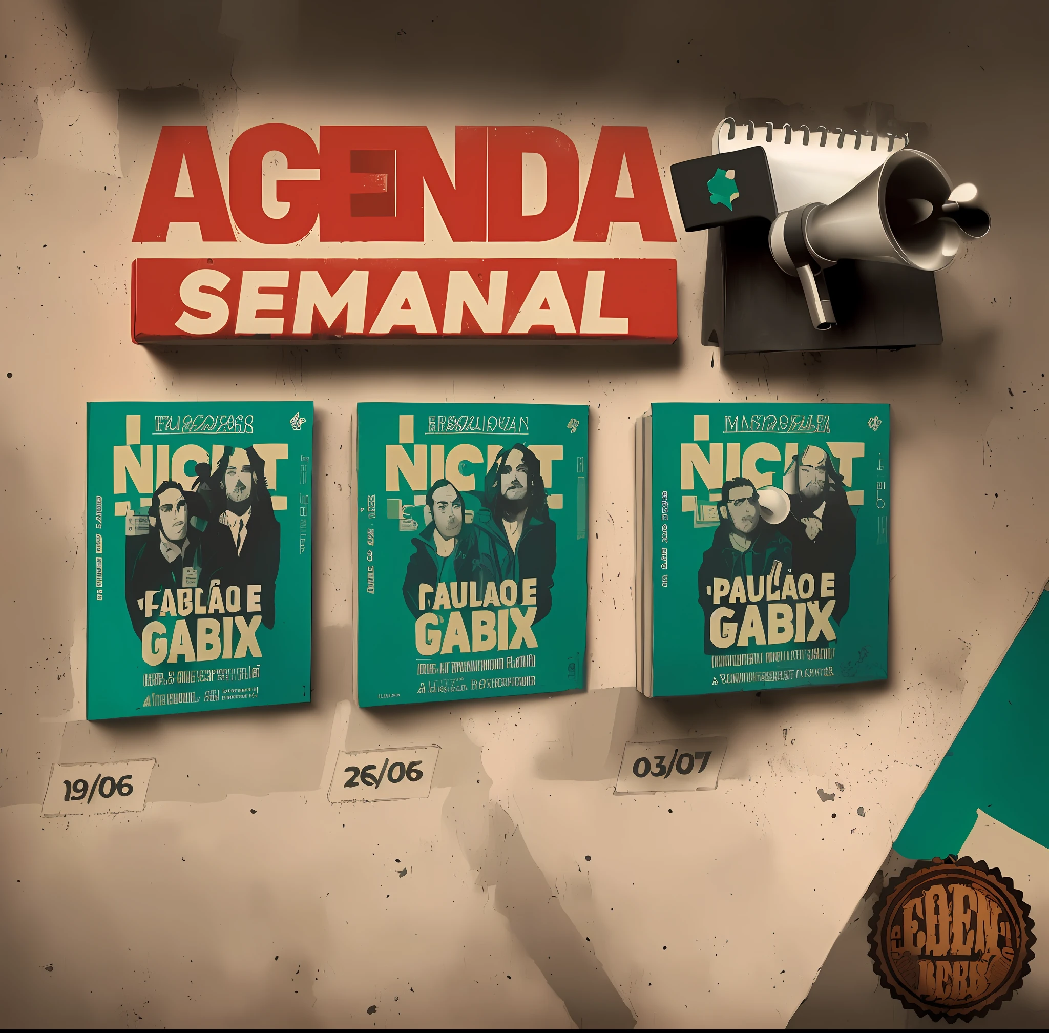 a group of three books with a megaphone on top of them, gadigal, looks like fabiula nascimento, by Fernando Gerassi, promo material, promo, by Gabriel Ba, by Fede Galizia, by Pablo Carpio, night!, gabagool, by Robert Combas, by Caesar Andrade Faini, angie glocka