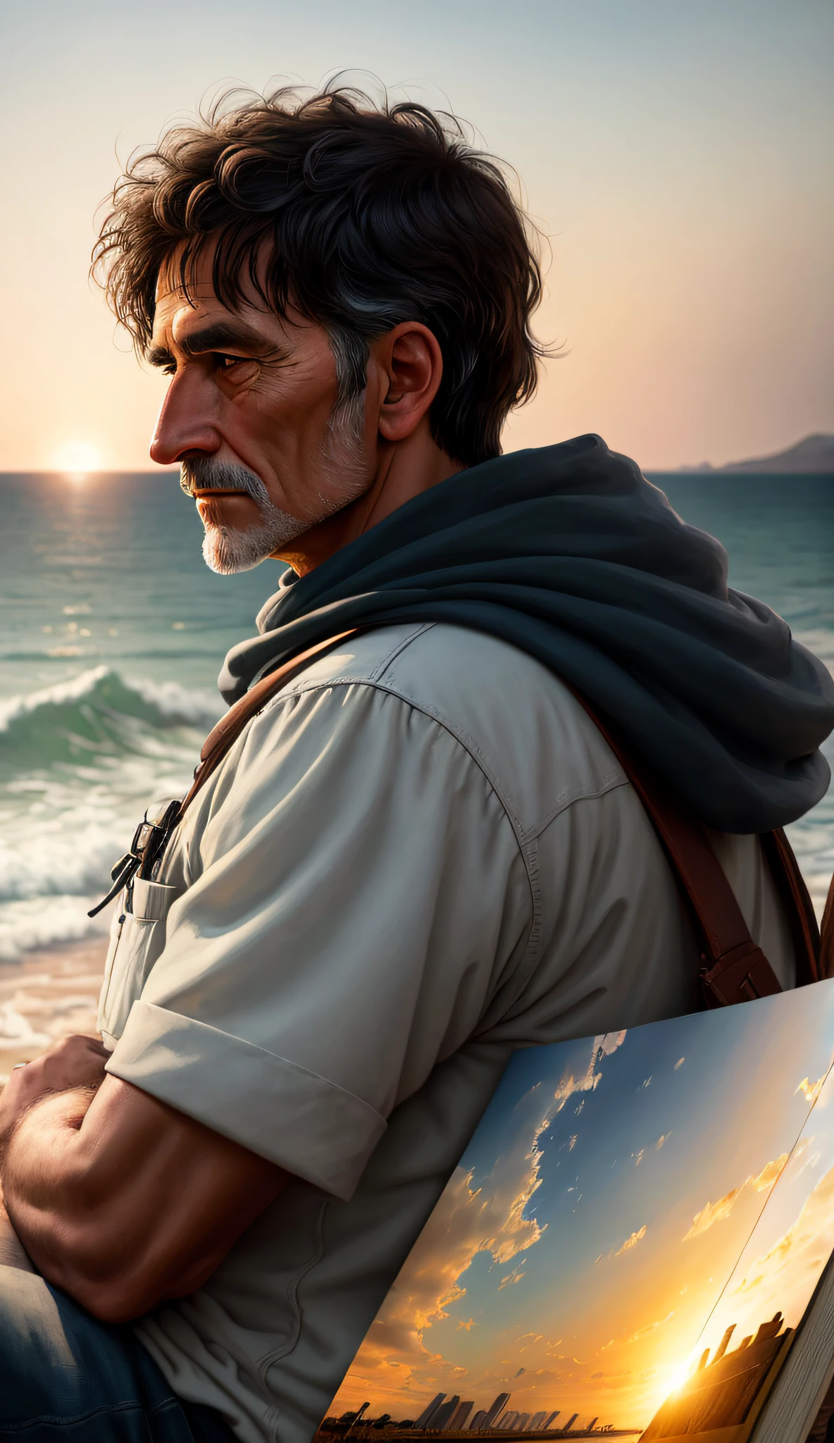 book cover of man 35 years dreaming of a better life looking at the horizon,soft lighting, masterpiece, best quality, 8k uhd, dslr, film grain, photorealistic painting Fujifilm XT3