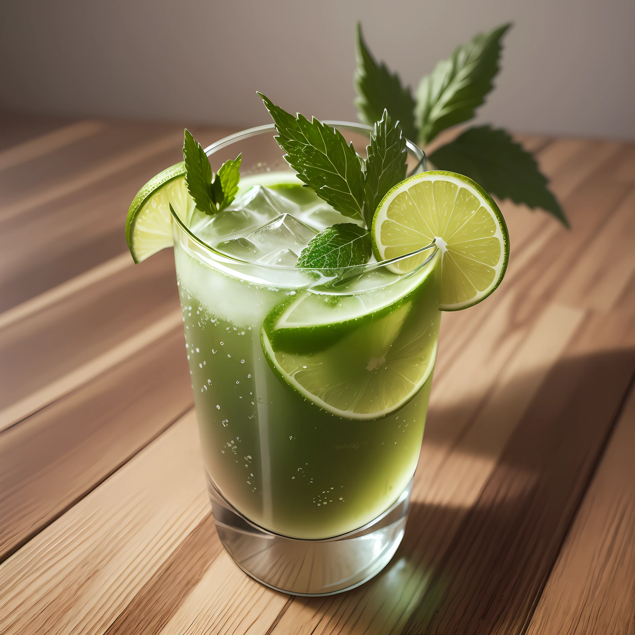 there is a glass of green juice with lime and mint leaves, semi - realistic render, healthy, hop cone juice, a photorealistic rendering, realistic shot, photorealistic octane 3d render, juice, high detailed illustration, moringa juice, refreshing, drink, in style of mike savad”, digital rendering, drinking cocktail, highly photographic render, incredibly realistic