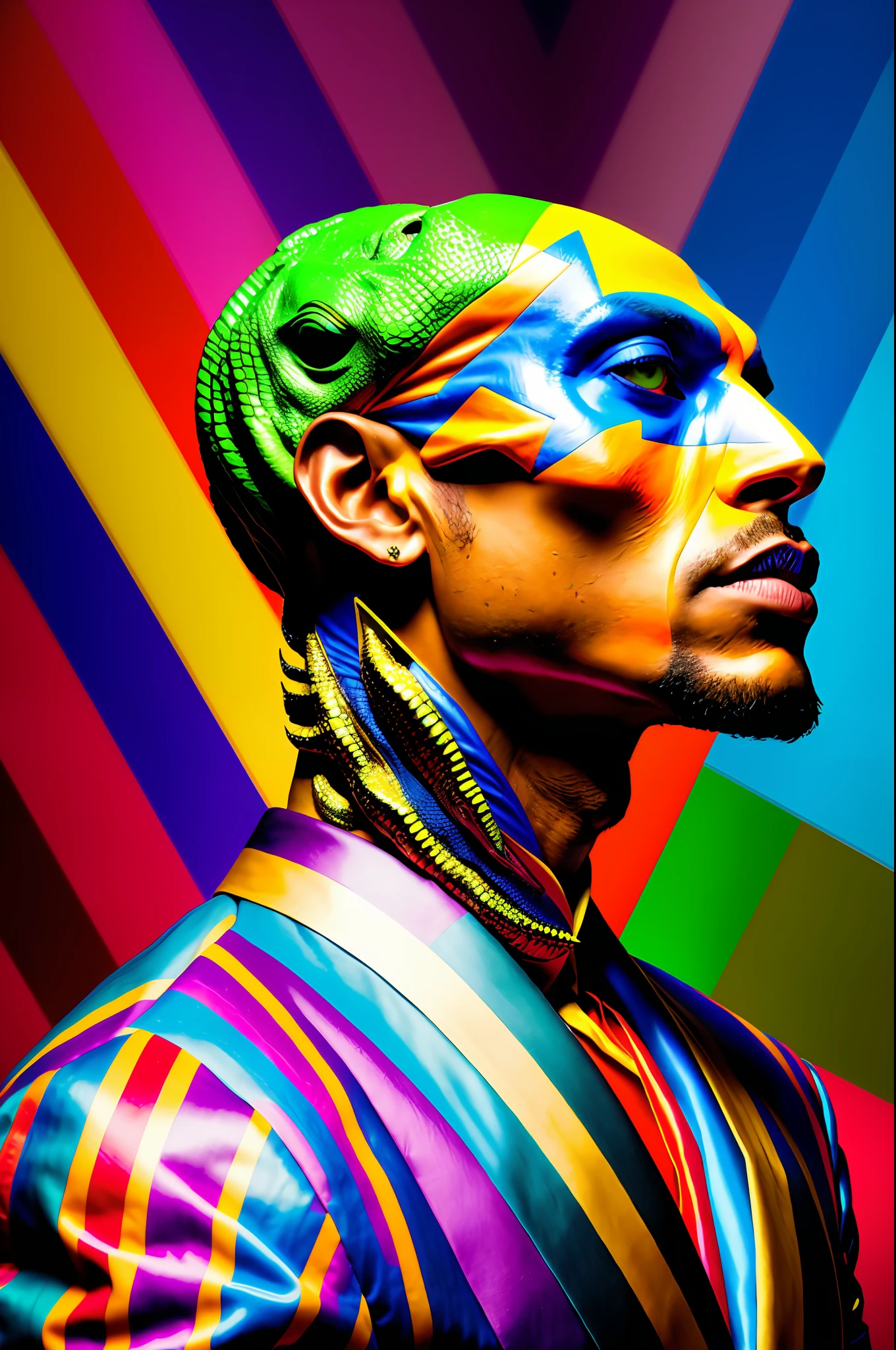 Super rich reptilian wearing expensive colorful clothes, dope portrait