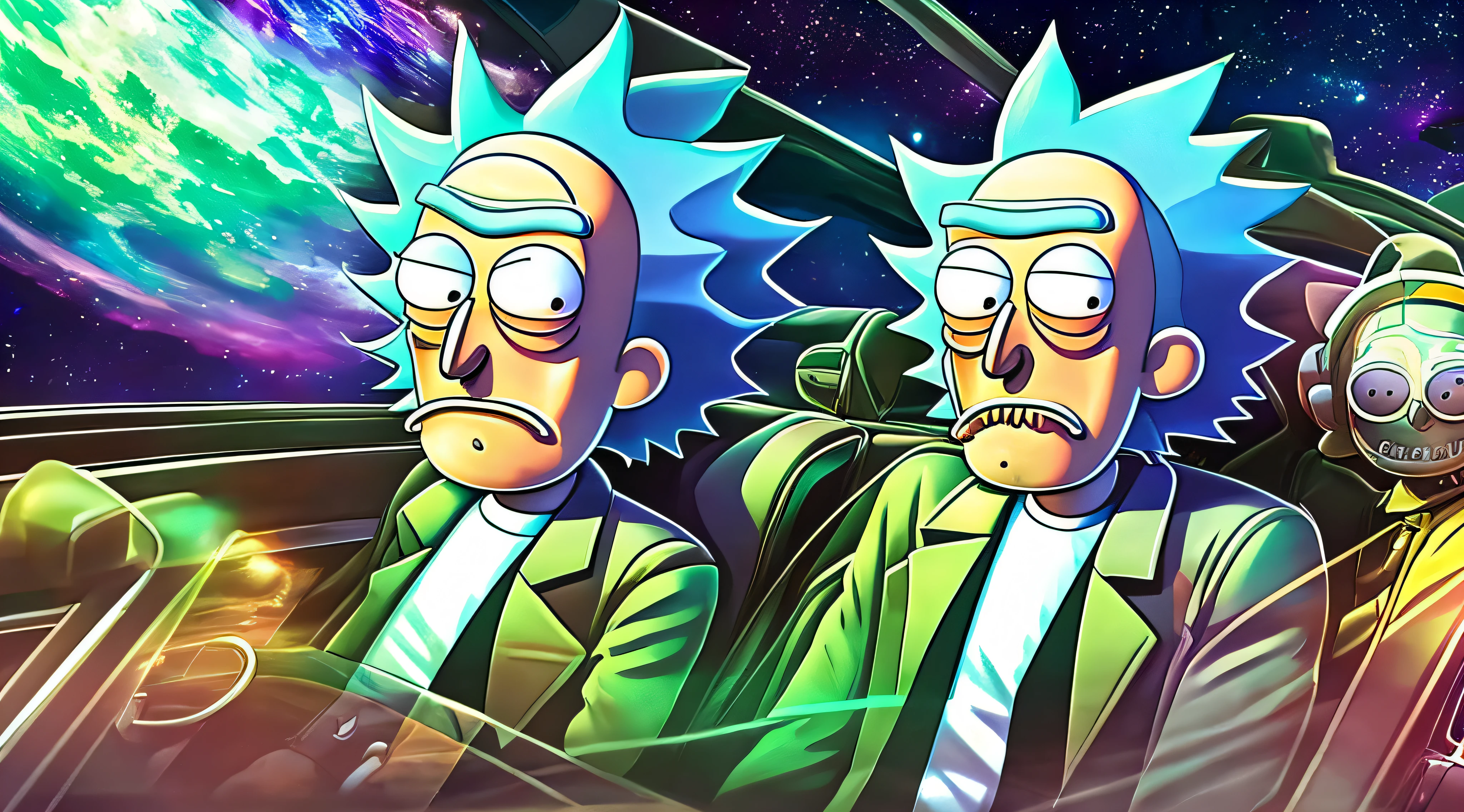 (very detailed)+ (Ultra detailed)+ (detailed description)+ (best quality)+ (ultra quality)+ (extremely detailed)+ rick and morty riding in a car