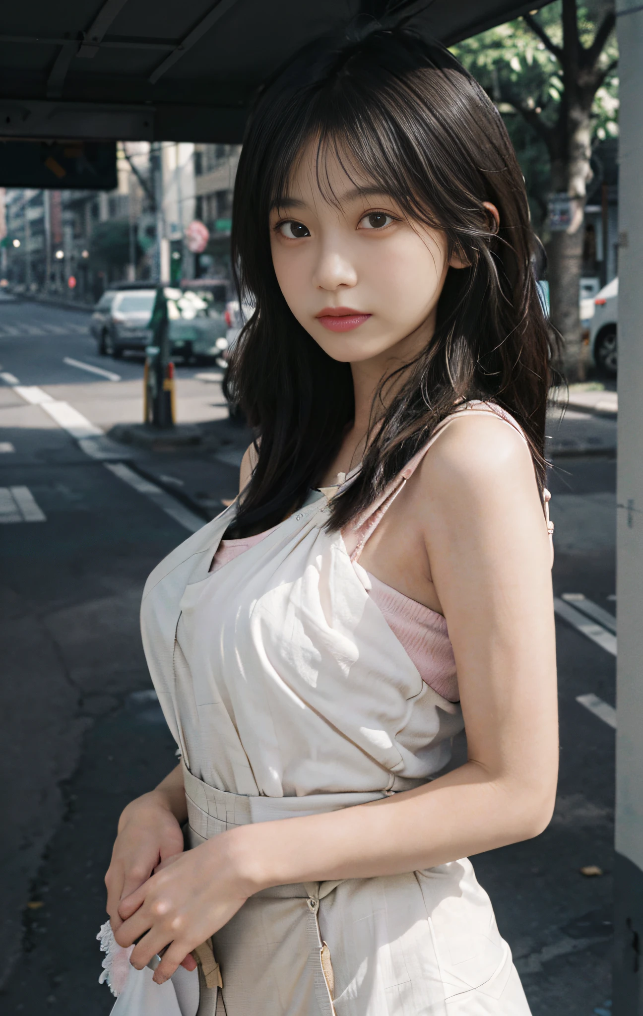 street,(Keisan:1.5), close up, masterpiece, best quality, original photo, realistic, face, big breasts, pink gauze slip dress, incredibly ridiculous, beautiful girl, cute, light yellow long hair, short suspenders, depth of field, high resolution, hyperdetail, fine detail, very detailed, very detailed eyes and face, sharp pupils, realistic pupils, sharp focus, cinematic lighting,