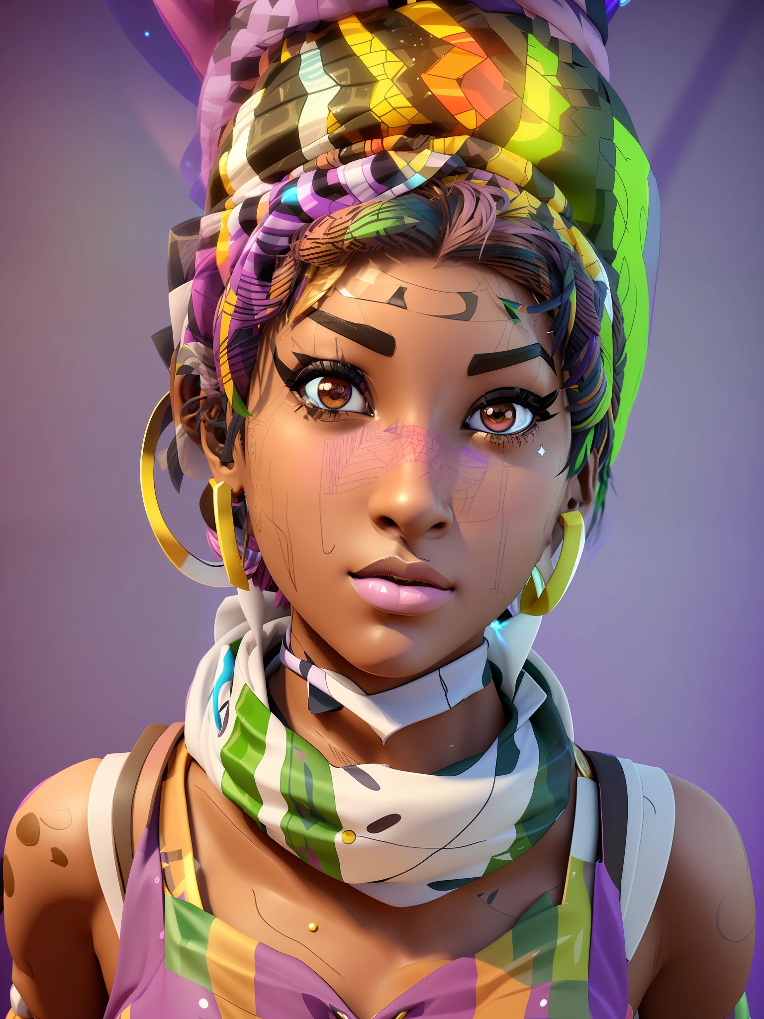 Young african goddess girl, a closeup of a cartoon character wearing a light purple hat and scarf, (heterochromia eyes), stylized character, animation character, stylized 3d render, 3d character, highly detailed character, stylized anime, stylized 3d, render character, character model, 3 view frames