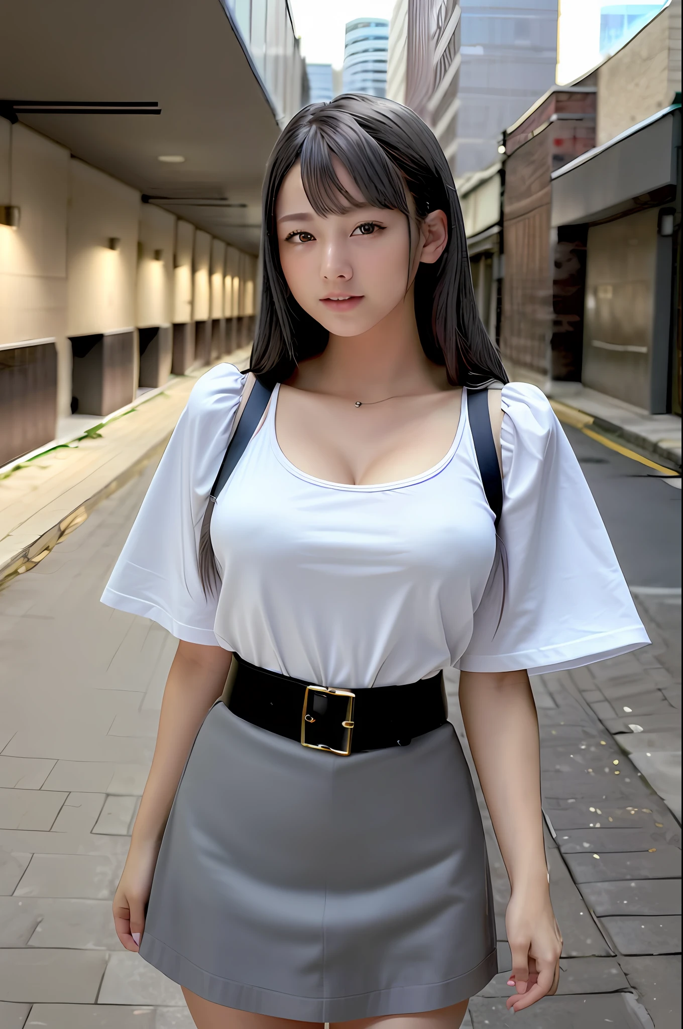 ((((((looking at camera)))))), Photo, Best Quality, Masterpiece, Super Resolution, (Photoreal: 1.4), 1 very young Caucasian girl, 18 years old, very white beautiful face, white face, Smile, long black hair, (((huge bust))), tall, long legs, white shirt, (((gray skirt))), famous Japanese actress, very beautiful, 8k, full body, town, sidewalk , ((((((equal body)))))),(((from side)))
