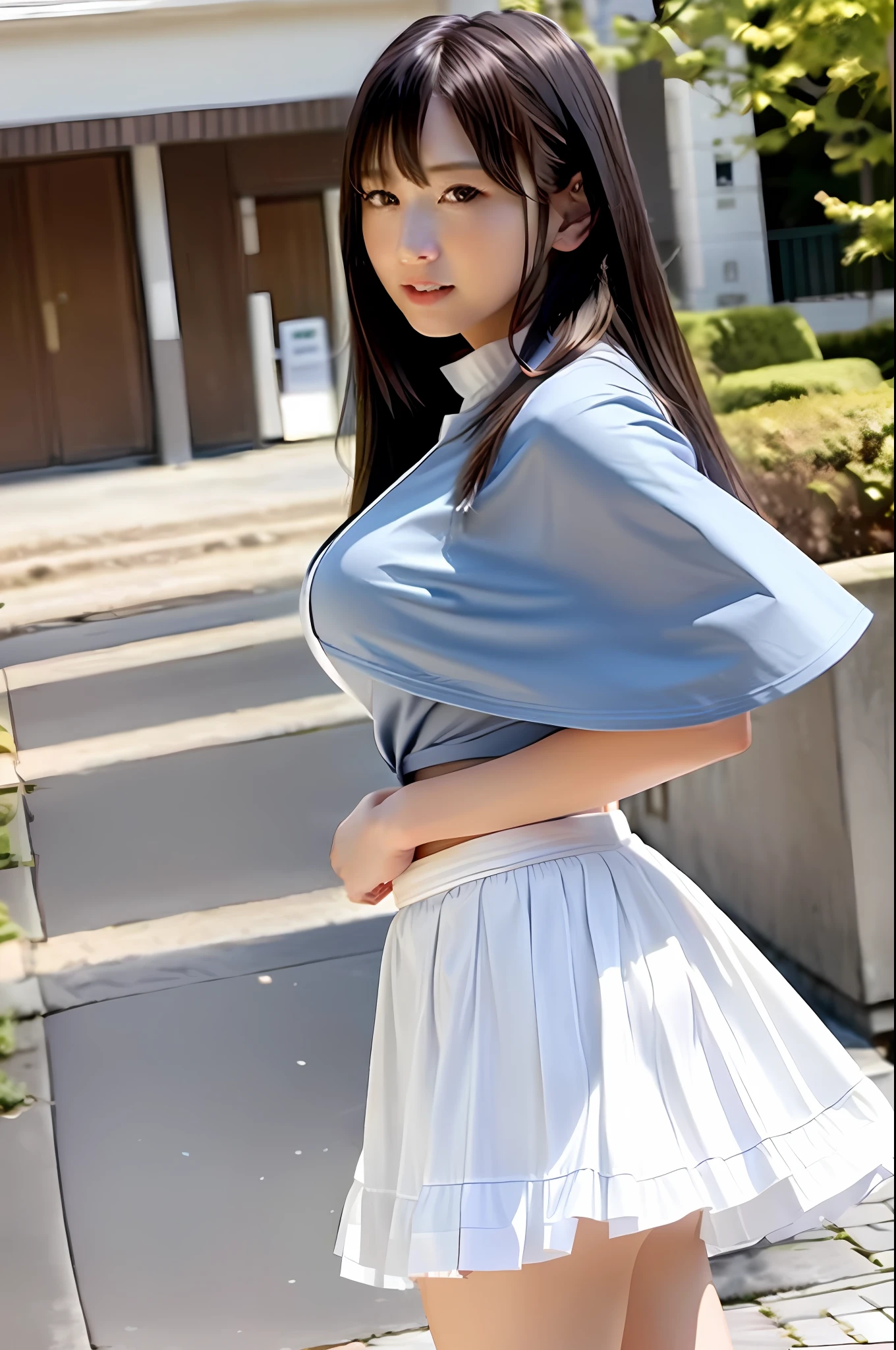 ((((((looking at camera)))))), Photo, Best Quality, Masterpiece, Super Resolution, (Photoreal: 1.4), 1 very young Caucasian girl, 18 years old, very white beautiful face, white face, Smile, long black hair, (((huge bust))), tall, long legs, white shirt, (((gray skirt))), famous Japanese actress, very beautiful, 8k, full body, town, sidewalk , ((((((equal body)))))),(((from side)))