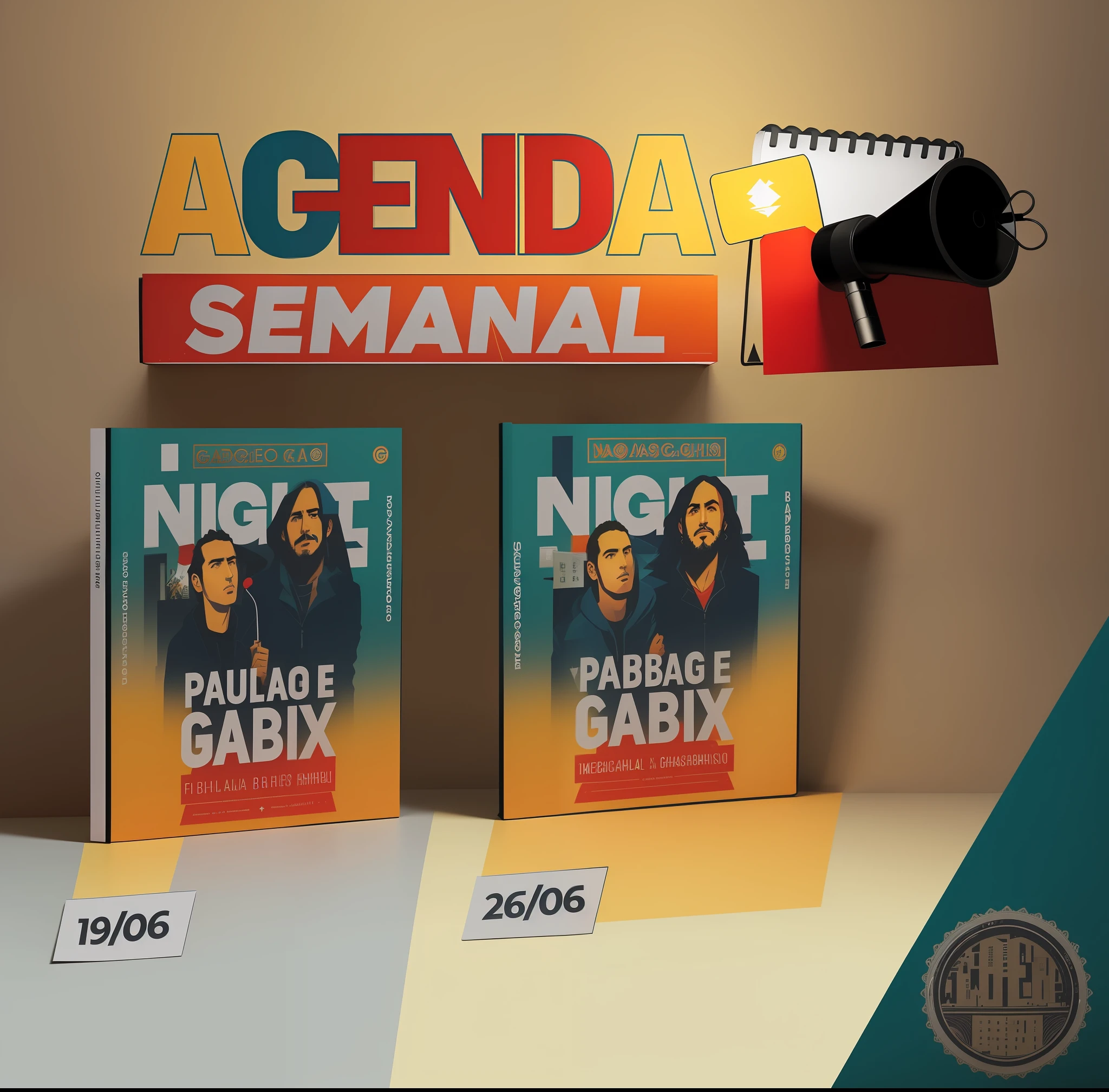 a group of three books with a megaphone on top of them, gadigal, looks like fabiula nascimento, by Fernando Gerassi, promo material, promo, by Gabriel Ba, by Fede Galizia, by Pablo Carpio, night!, gabagool, by Robert Combas, by Caesar Andrade Faini, angie glocka