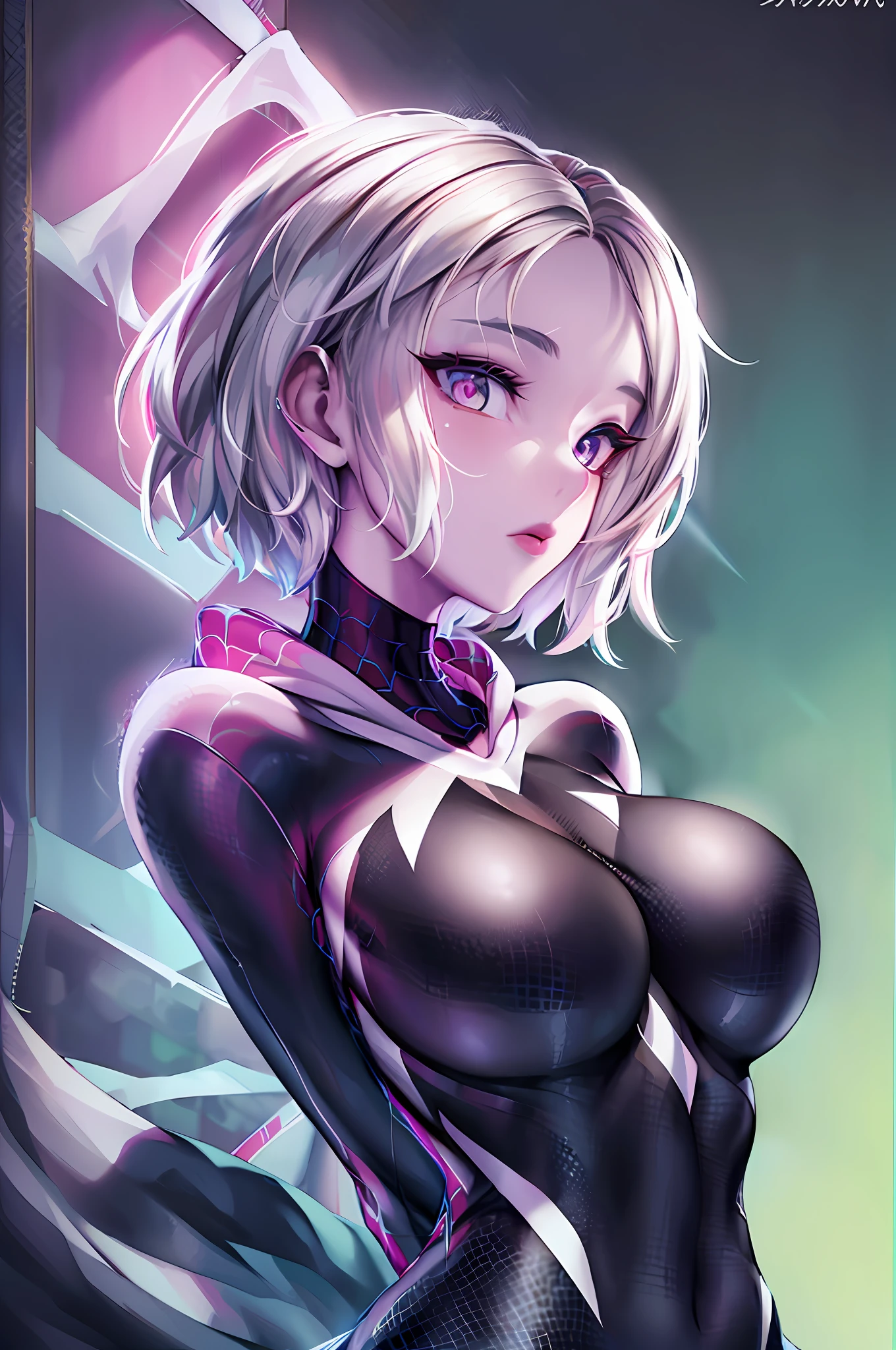 Ghost Spider, Gwen Venom symbiote outfit, black with spider in the center of her chest in white, organic looking outfit, gooey forehead, symbiote, white eyes, fine art, PS5 cinematic screenshot, highly detailed detailed cinematic rendering, ultra photorealistic raytricing, with cinematic lighting