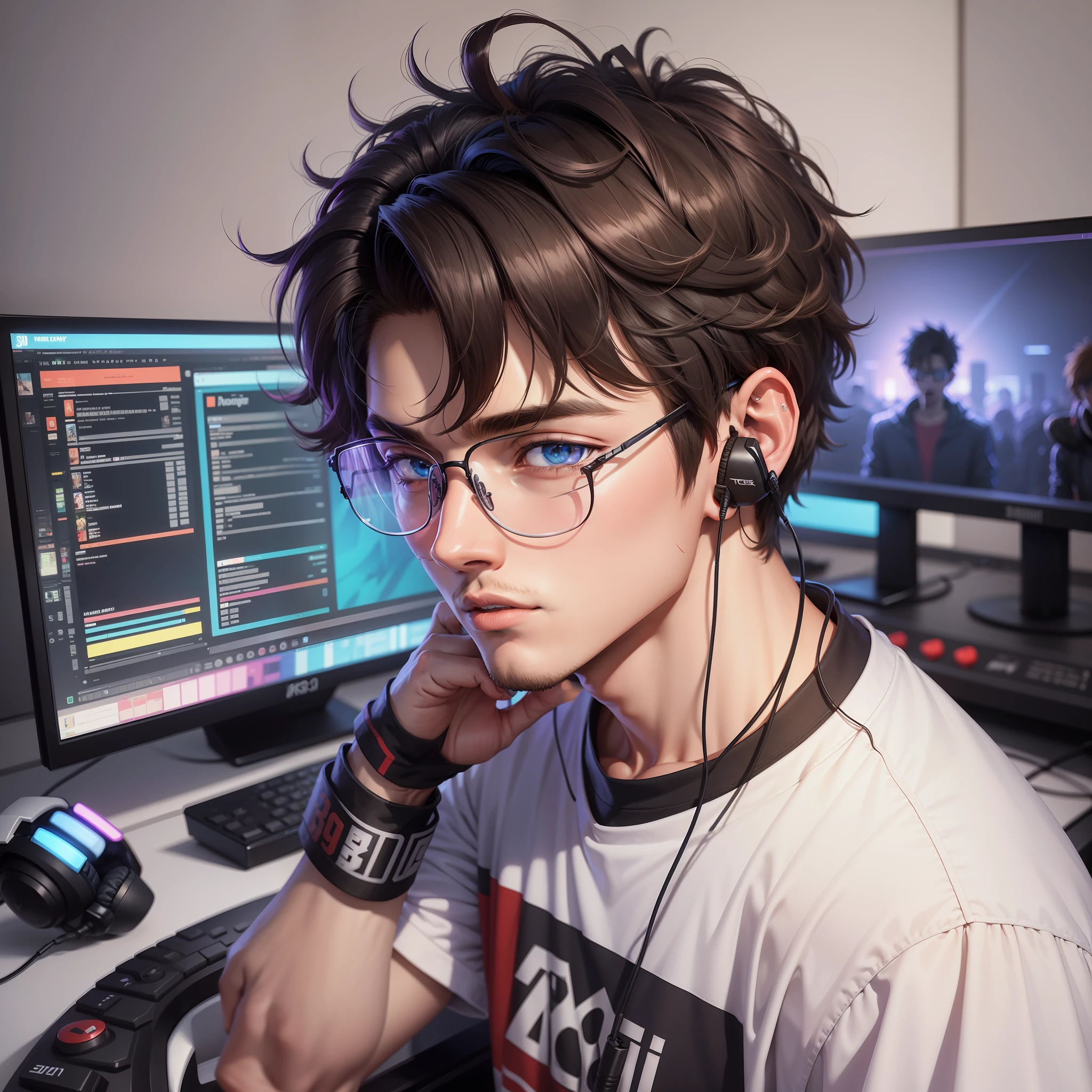 a man, 20 years old, gamer, streamer, he is wearing a headset, POV, 1990 anime style, eyeglasses, high quality, 8K, vibrant colors,