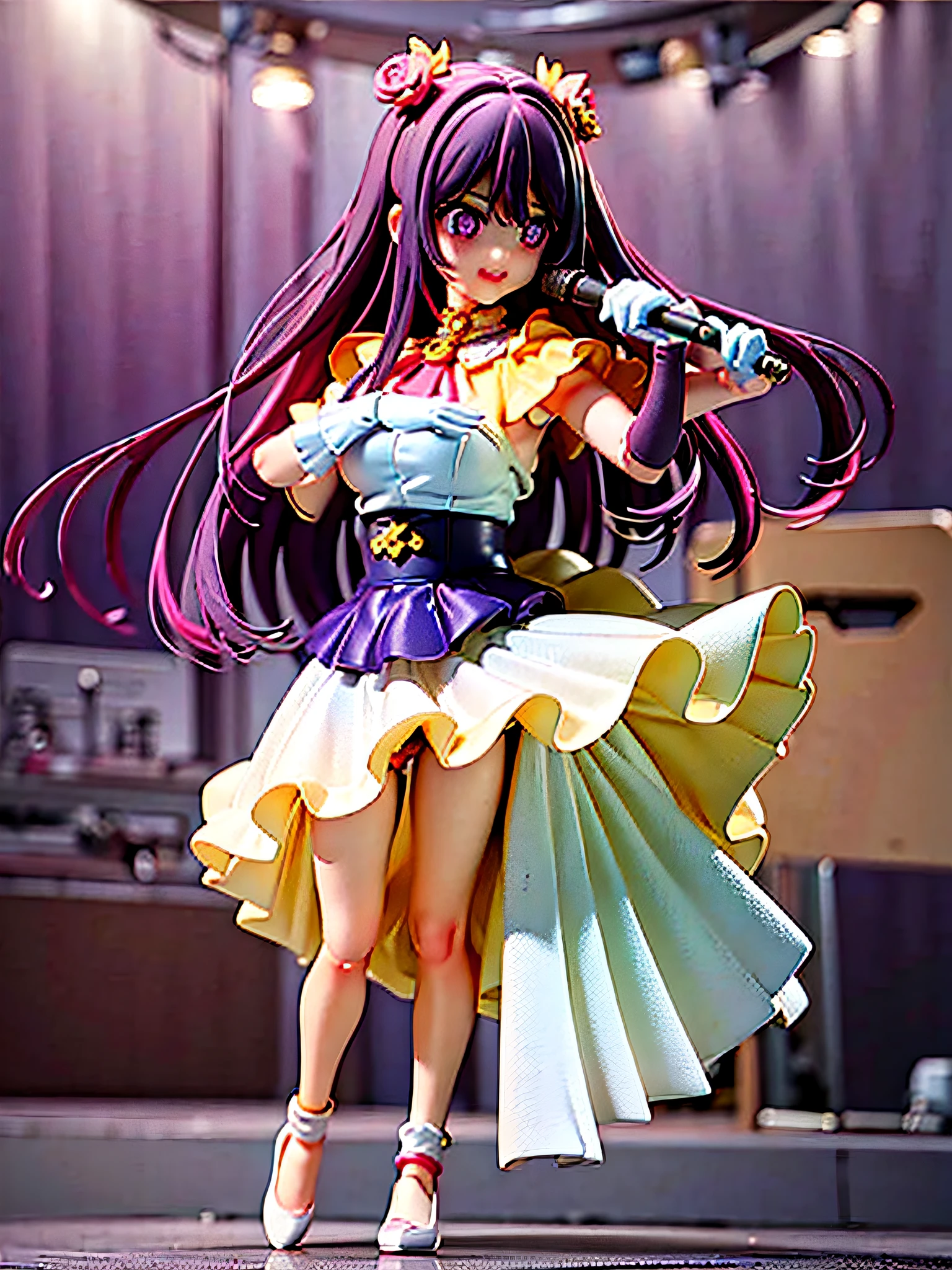 professional lighting, detailed lighting, professional photography by Araki Nobuyoshi, (1girl, Hoshino Ai, hoshinoai, long hair, purple hair, streaked hair ,purple eyes, star-shaped pupils, hair ornament, large breasts:1.2, cute), omertosa,(aegyo sal:1), full body, 
(((spotlight, on stage, singing,dancing,  holding a mic with the left hand))),skirt, pink gloves, hair ornament, looking at viewer,smile, closed mouth,
 full body, chibi, [realistic], [3d], (3dcg), ((octane render)), smile, closed mouth,
(8k, RAW photo, best quality, masterpiece:1.2), ultra high res, (((realistic, photo-realistic))), professional lighting, detailed lighting, professional photography, fisheye, dynamic angle, high quality, high res, extremely detailed, bloom,
depth of field, sharp focus, soft lighting, good composition, god light highlight, detailed, (((photorealistic details))), detailed skin, to8contrast style, sketch