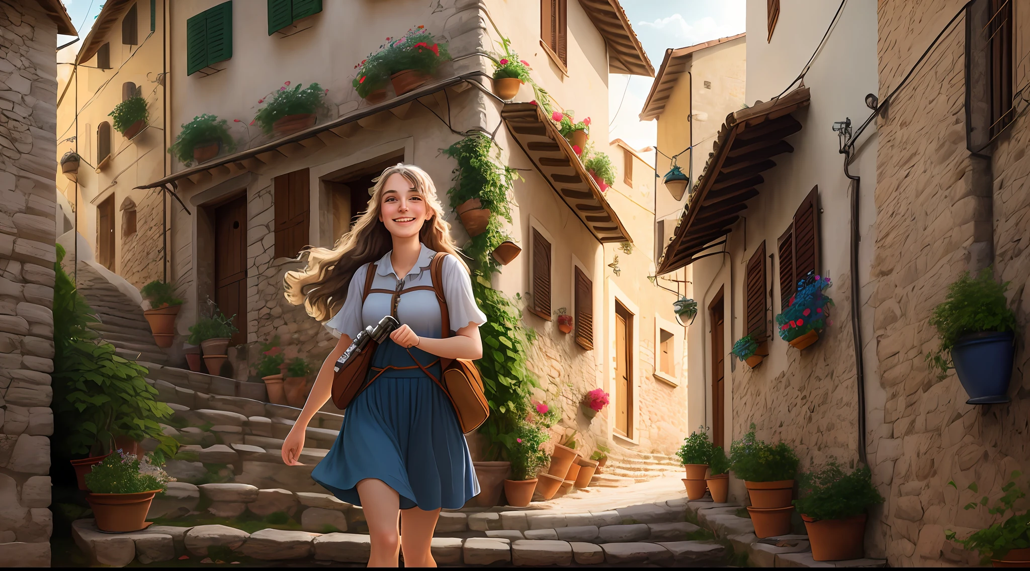 20 years old woman climbing a village staircase in italy smiling and happy,soft lighting, masterpiece, best quality, 8k uhd, dslr, film grain, photorealistic painting Fujifilm XT3