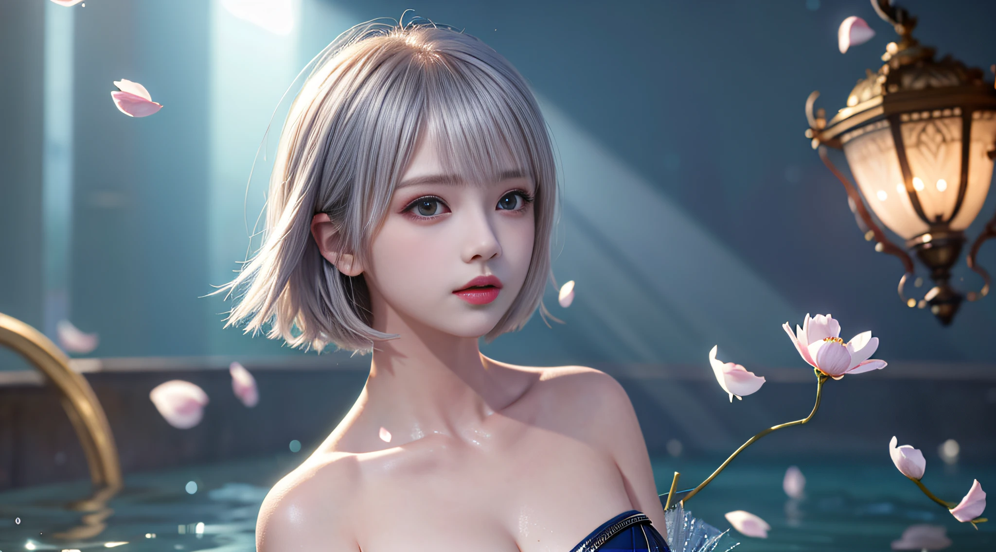 Silver hair, short hair, upper body, standing underwater, split bangs, modern, surreal, cinematic lighting, chiaroscuro, masterpiece, textured skin, high resolution, high quality, high detail, beautiful face, beautiful breasts, pronounced cleavage, translucent clothes, falling petals