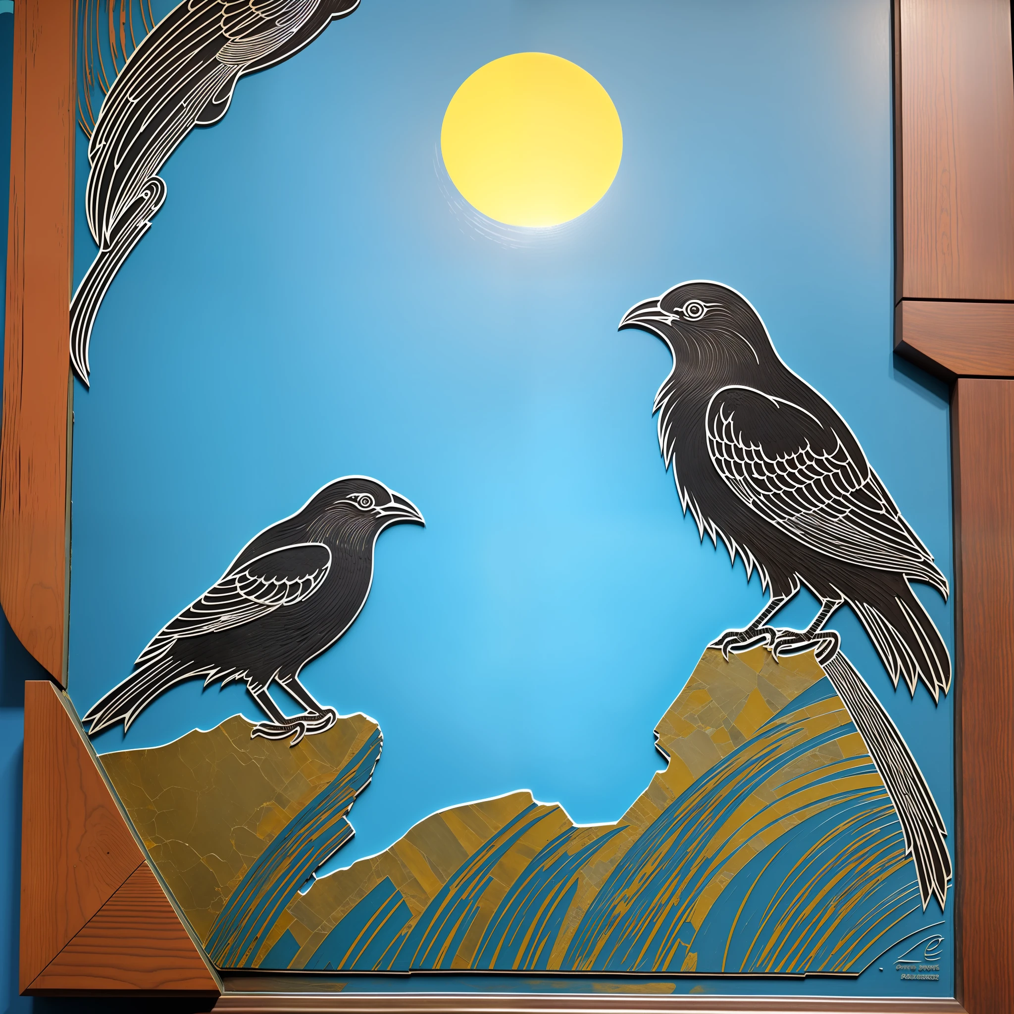 stone fossil, large ancient rock, highly detailed, 8k resolution, raytracing, soft light, digital painting, sharp focus, Artistic drawing of two mystical birds, inspired by the aesthetic of Aldus Manutius, sitting on a branch inside a decorative frame. The birds are represented as crows, symbols of death, and the work is a colorful woodcut in vivid tones, creating a contrast of intense colors. The technique used follows the influence of Dugald Sutherland MacColl and Walter Crane, highlighting the blue woodcut that adds a mystical atmosphere to the piece. Overall, the woodcut is a work of art of high contrast and stunning beauty.