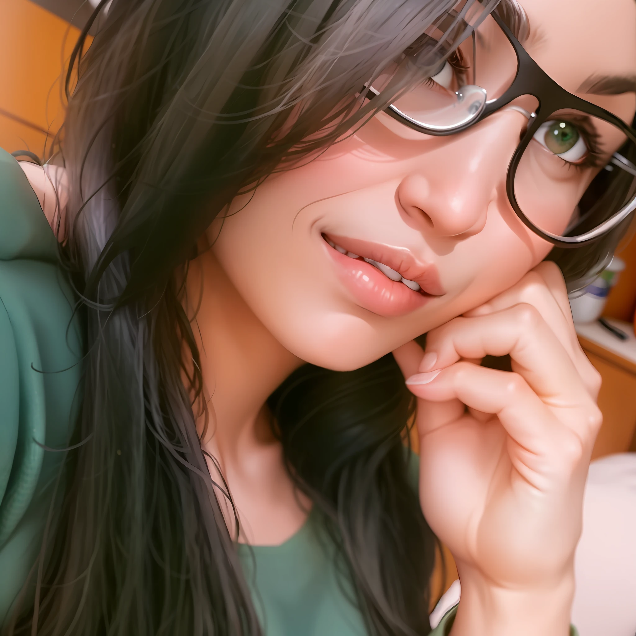 Woman with glasses and a green shirt posing for a photo, profile picture, Alanis Guillen, wavy long black hair and glasses, avatar image, ayahausca, dm photo, mia khalifa, angiewolf, with glasses, 26 years old, adriana dxim