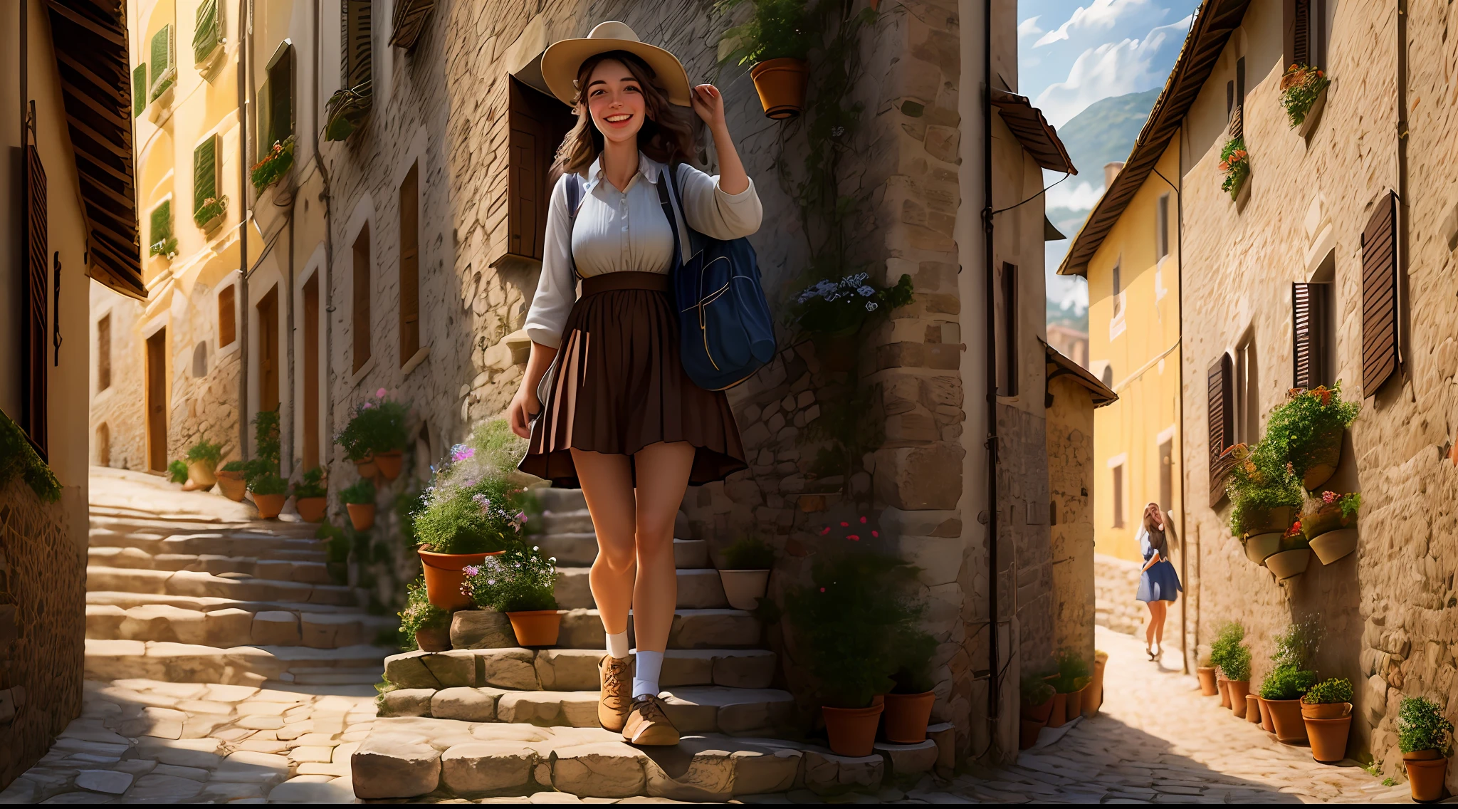 20 years old woman climbing a village staircase in italy smiling and happy,soft lighting, masterpiece, best quality, 8k uhd, dslr, film grain, photorealistic painting Fujifilm XT3