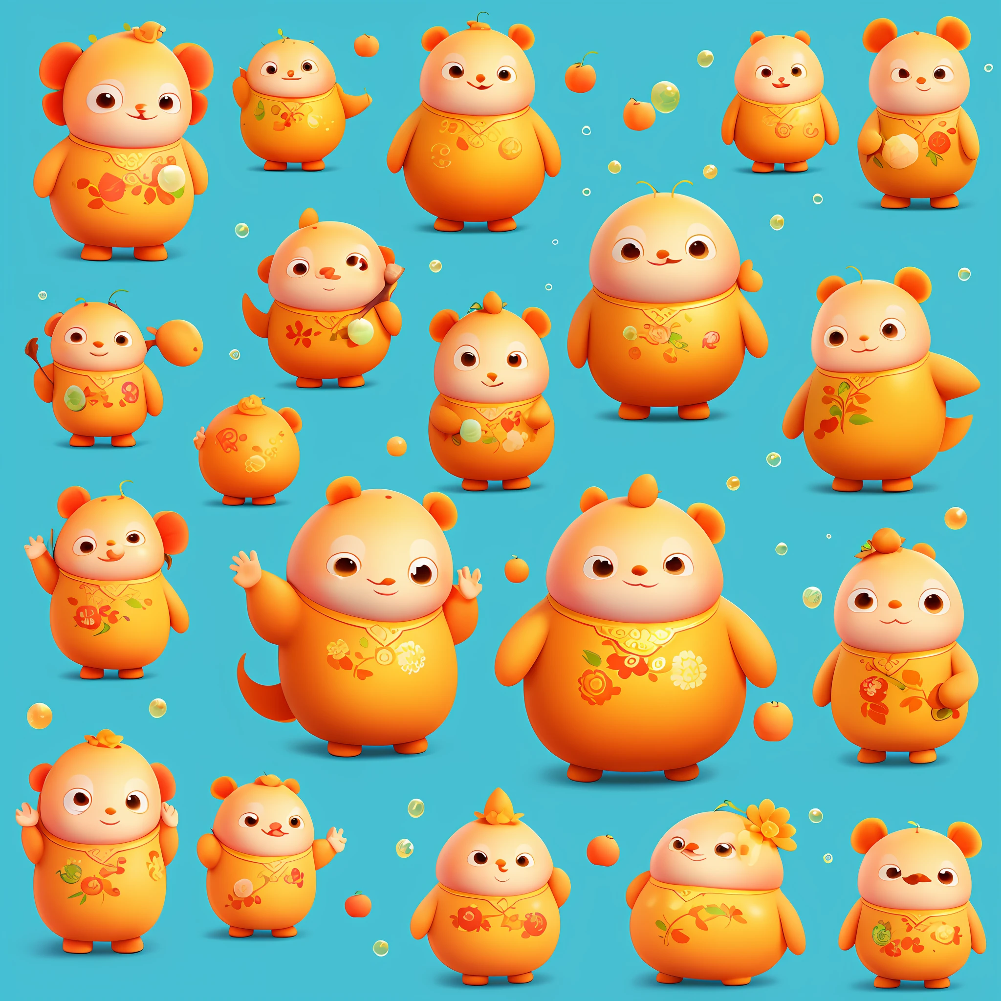Design a mascot about water apricot with water apricot leaves on the head, wearing Chinese clothing, natural standing, front whole body, bubble mart style, clean and simple design, IP image, high-grade natural color matching, bright and harmonious, cute and colorful, detailed character design, Behance, Shanghai style, organic carving, C4D style, 3D animation style design, cartoon, fun character design, ray tracing, children's book illustration style