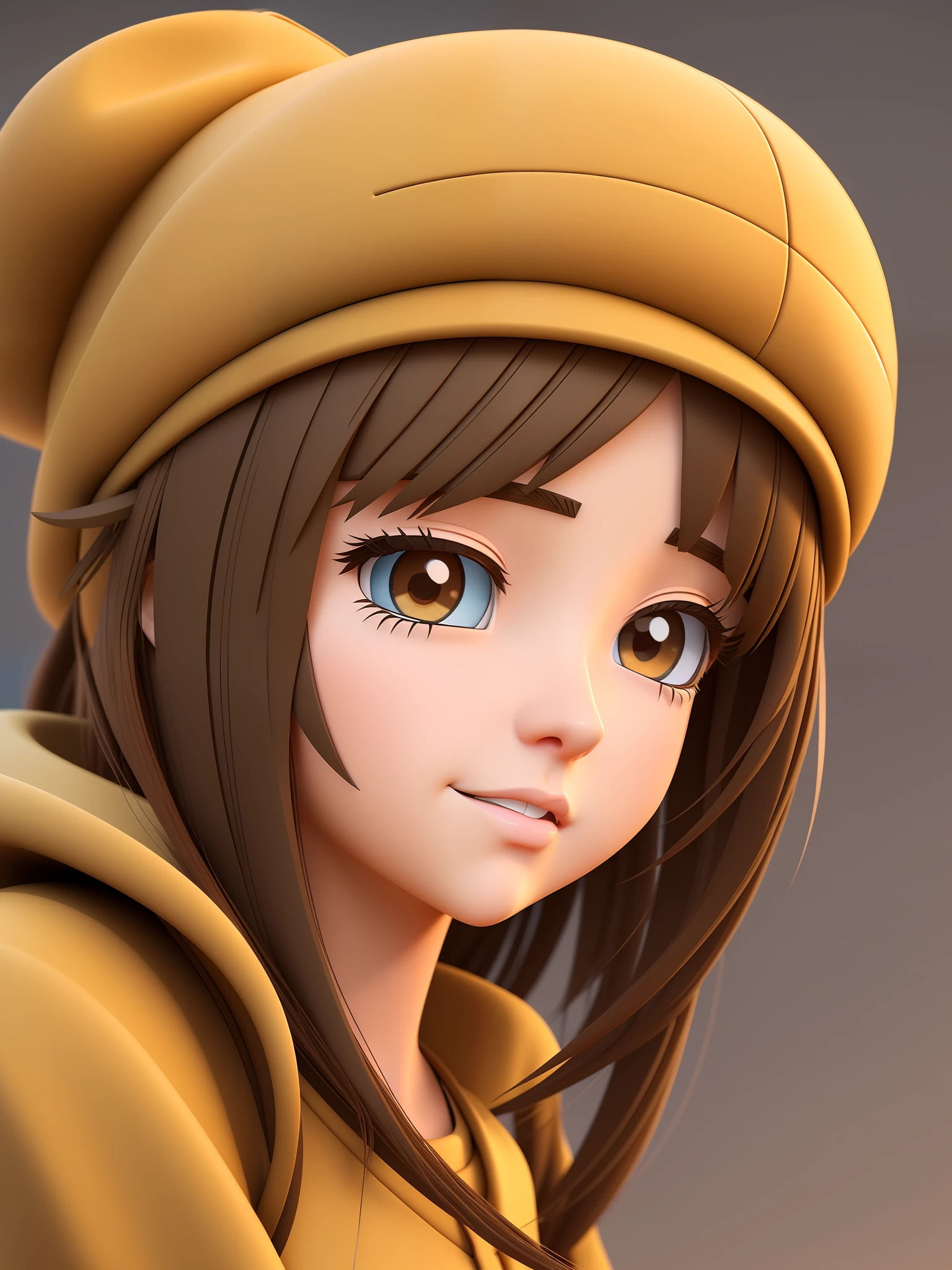 Young girl, a closeup of a cartoon character wearing a light brown cap, (((brown eyes)))), stylized character, animation character, stylized 3d render, 3d character, highly detailed character, stylized anime, stylized 3d, render character, character model, full body