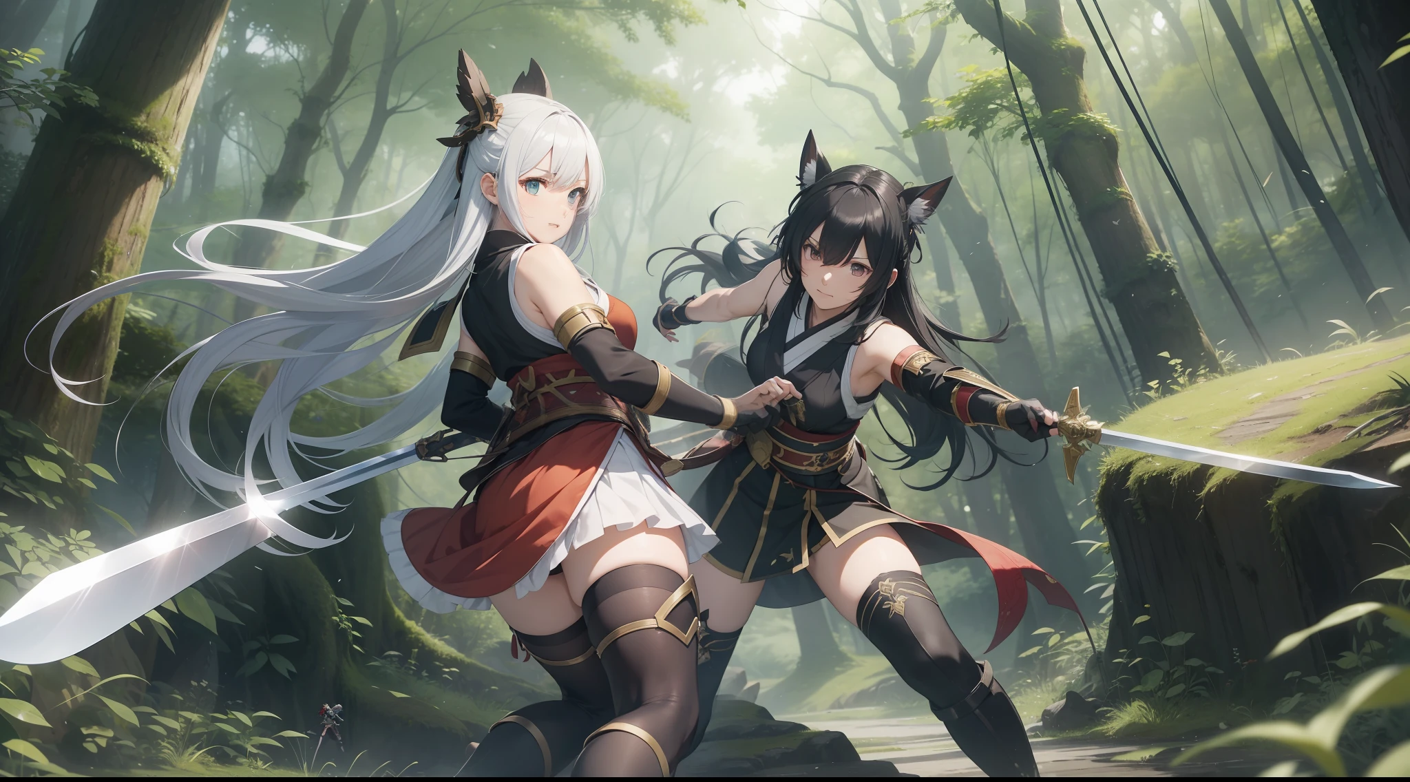 Full body shot from head to feet of Ragnarok Online character. The background set in a deep forest. Two different female character, same size, engaged in close combat duel, clashing with their short sword on right hand, not looking, eyes to opponent. The fight is intense and deadly, as one of them is defeated. The victor looks resolute and determined to end the match. Both characters have different long hairstyle, wear traditional sleeveless kimonos, with obi and long gloves. The short skirt is also a prominent feature of their attire, complemented by black thigh-high stockings.