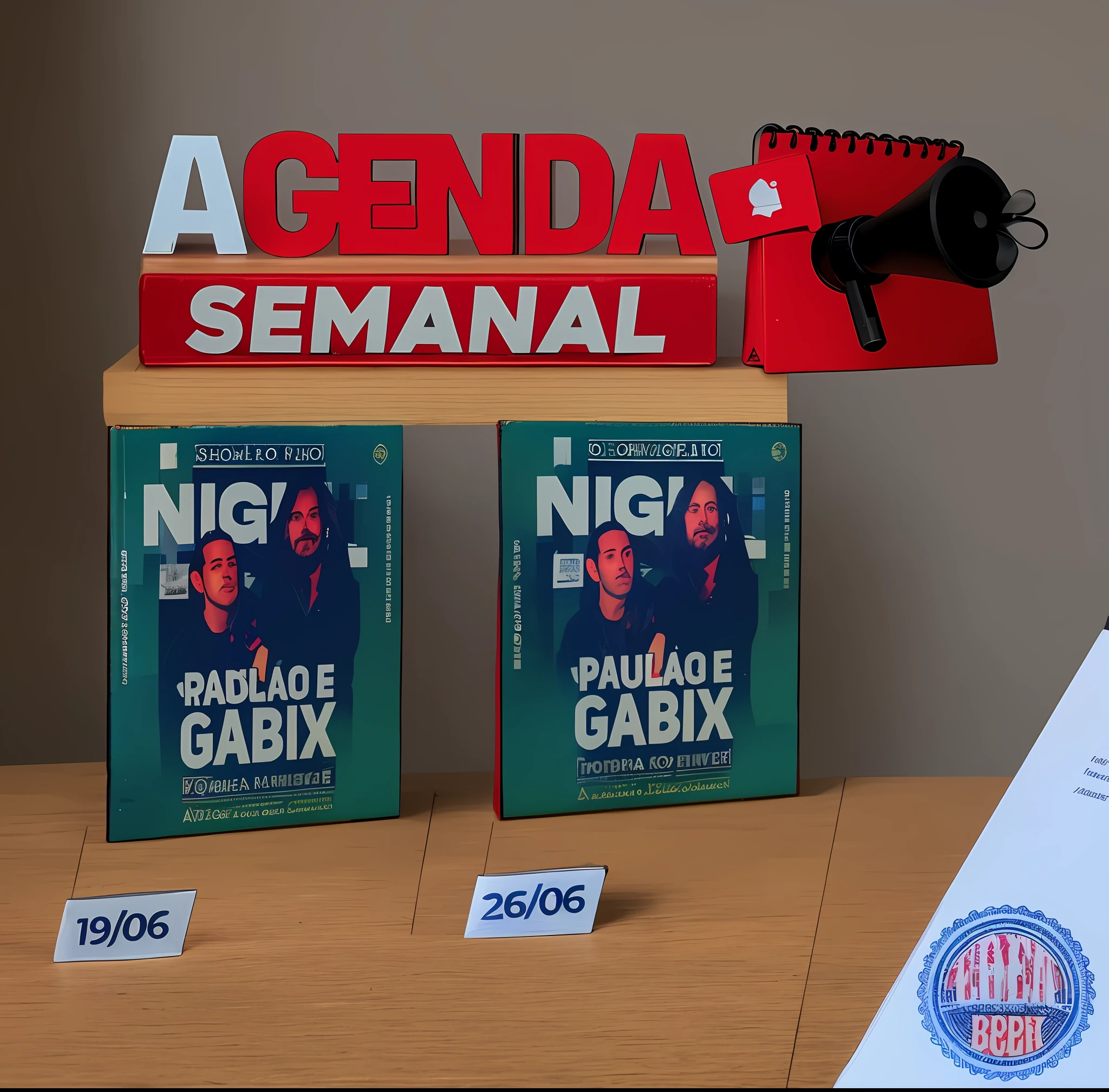 a couple of books sitting on top of a table next to a megaphone, gadigal, promo, looks like fabiula nascimento, by Fernando Gerassi, by Robert Combas, nigth, night!, (night), by Felipe Seade, by Félix Arauz, pack, promo material, by Rodolfo Amoedo