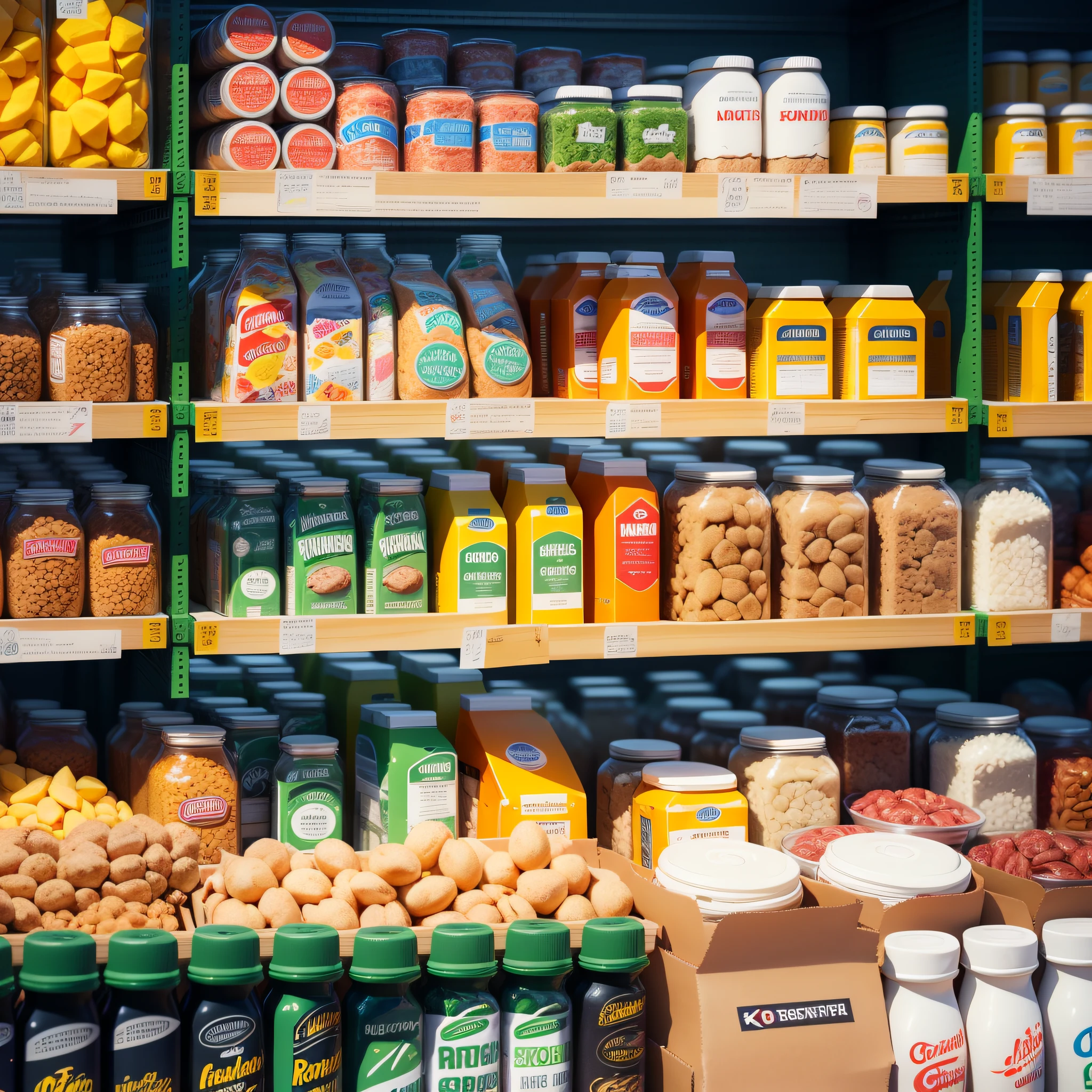 (8k, RAW photos, top quality, masterpiece: 1.2), (realistic, photorealistic: 4) product featured in a market booth. A unique product in the center, with lighting in the background of it, highlighted, full shelf aisle, a single product in the front, collage style, brutalism, colorful --auto --s2
