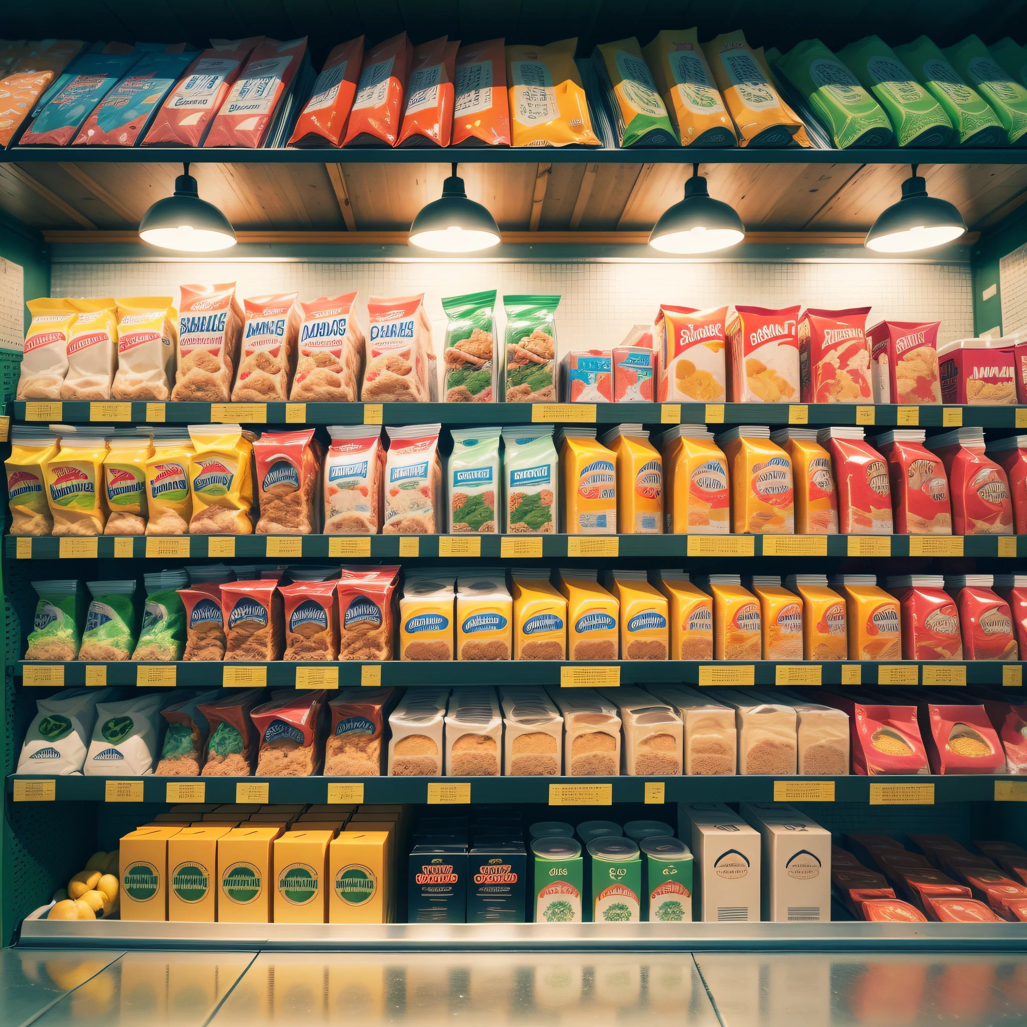 (8k, RAW photos, top quality, masterpiece: 1.2), (realistic, photorealistic: 4) product featured in a market booth. A unique product in the center, with lighting in the background of it, highlighted, full shelf aisle, a single product in the front, collage style, brutalism, colorful --auto --s2