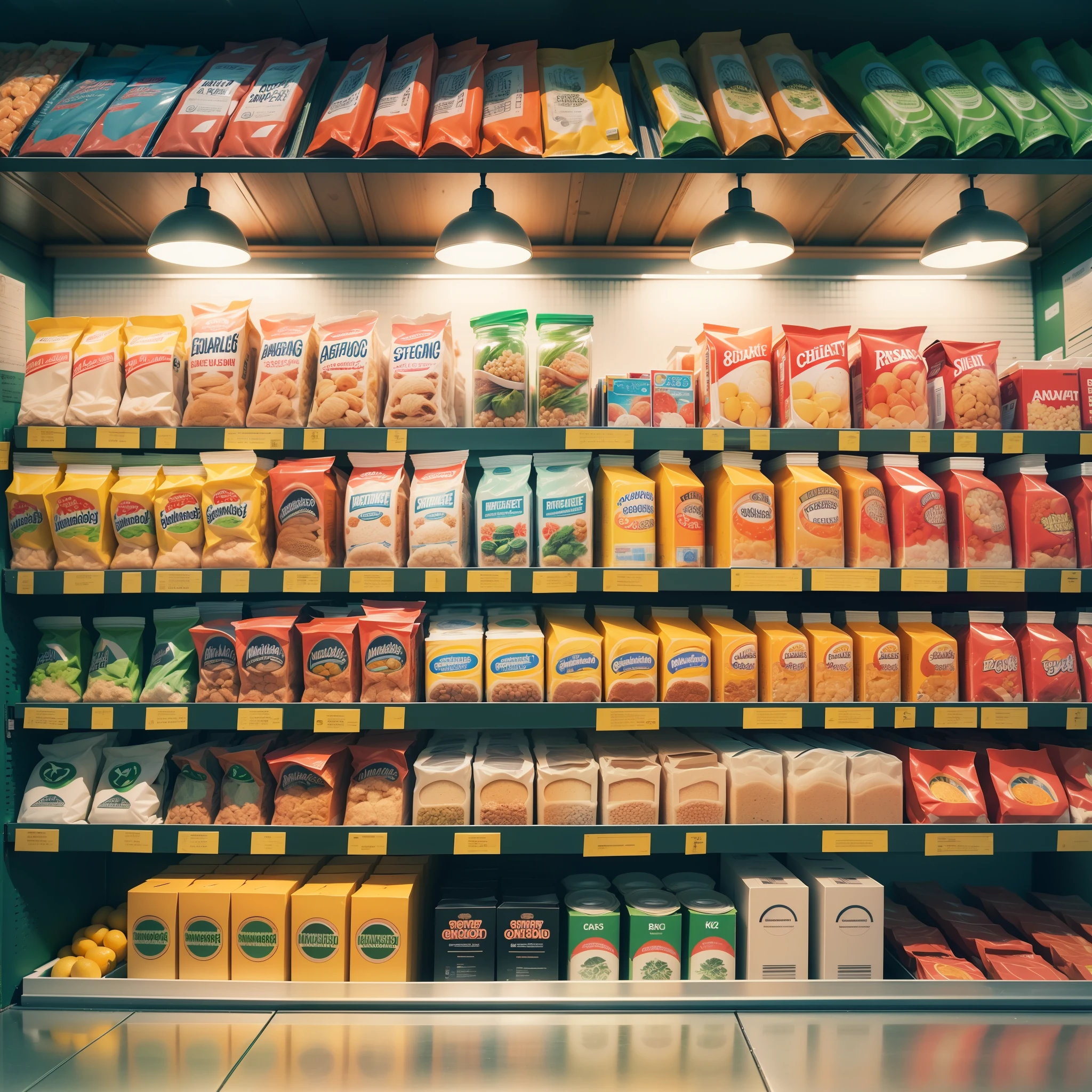 (8k, RAW photos, top quality, masterpiece: 1.2), (realistic, photorealistic: 4) product featured in a market booth. A unique product in the center, with lighting in the background of it, highlighted, full shelf aisle, a single product in the front, collage style, brutalism, colorful --auto --s2