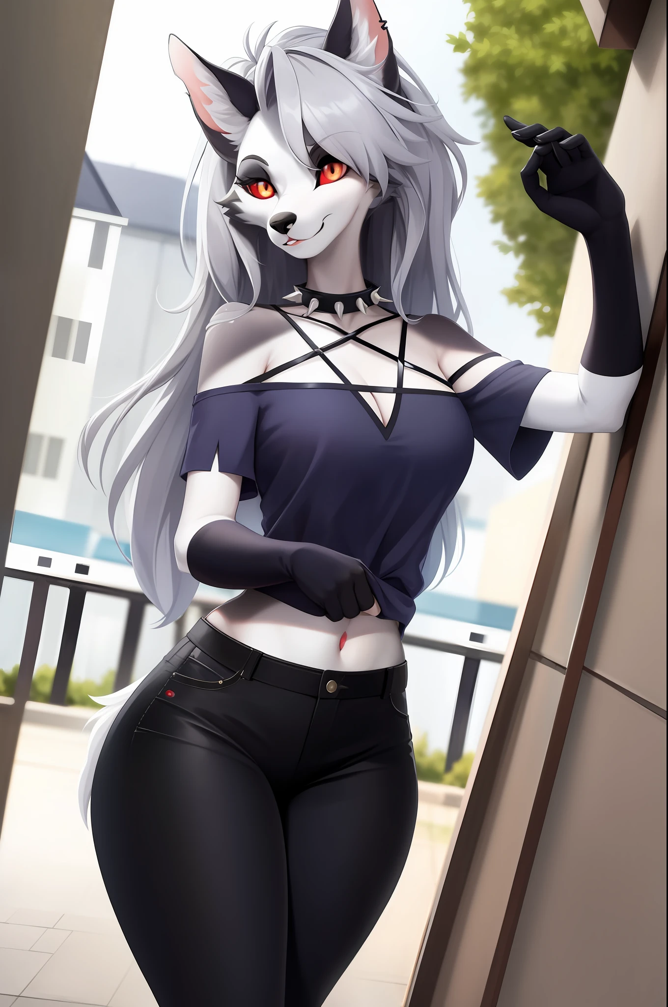 masterpiece, best quality, facial portrait of a female anthro loona hellhound, loonacroptop, detailed face, detailed eyes, severed pupils, white eyes, red sclera, happy, tight pants, tight and detailed black leggings, [smile, [spiked necklace], pentagram], standing, standing, facing the viewer, leaning slightly forward, leaning slightly towards the viewer outside, neighborhood in the background,  flirtatious expression, somewhat large thighs, selfie, taking a selfie, winking eye