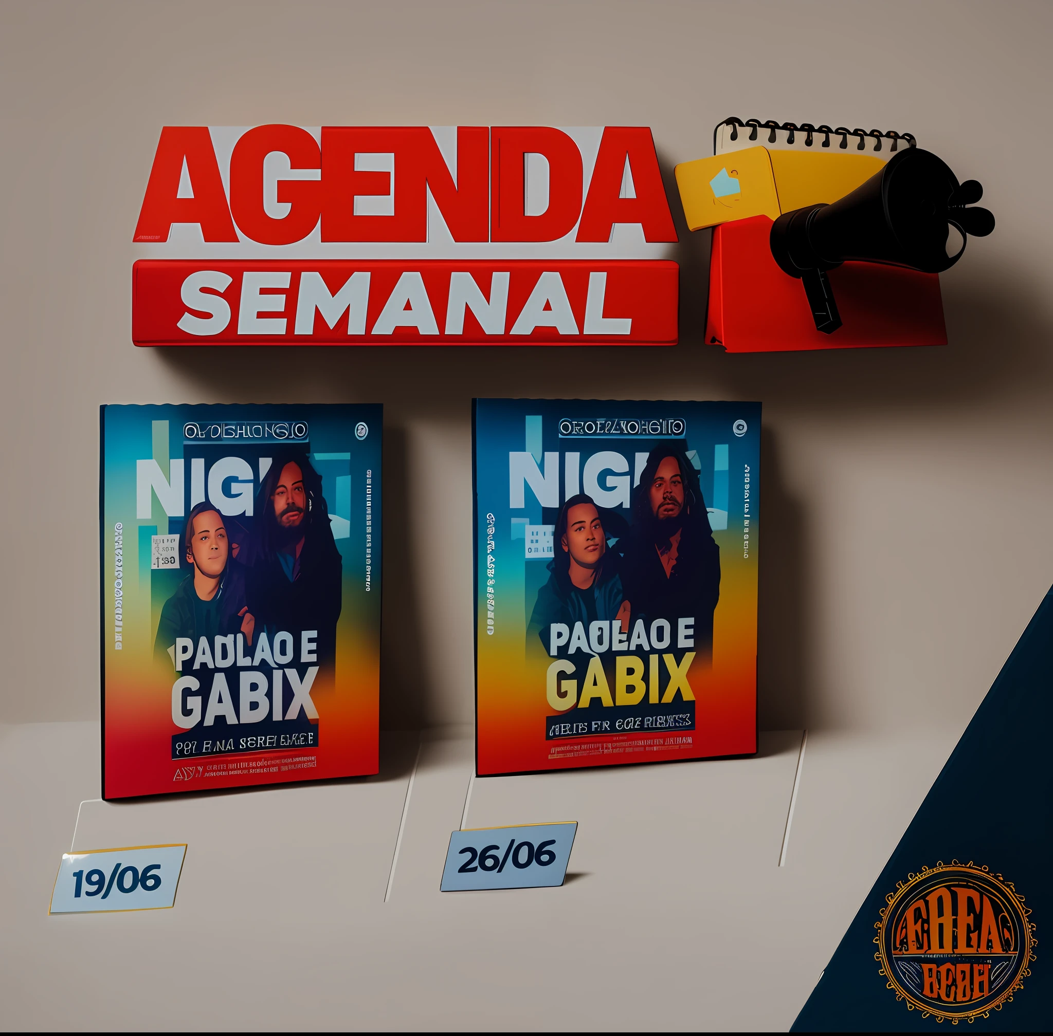 a couple of books sitting on top of a table next to a megaphone, gadigal, promo, looks like fabiula nascimento, by Fernando Gerassi, by Robert Combas, nigth, night!, (night), by Felipe Seade, by Félix Arauz, pack, promo material, by Rodolfo Amoedo