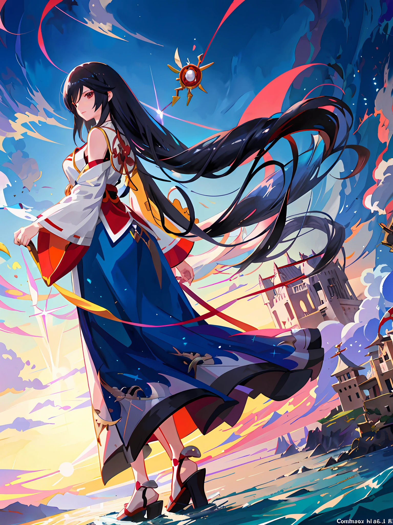anime girl with long black hair standing on a beach with a castle in the background, onmyoji detailed art, anime girl with long hair, cushart krenz key art feminine, 2. 5 d cgi anime fantasy artwork, anime fantasy artwork, by Yang J, anime fantasy illustration, beautiful fantasy anime, anime art wallpaper 8 k, beautiful anime artwork