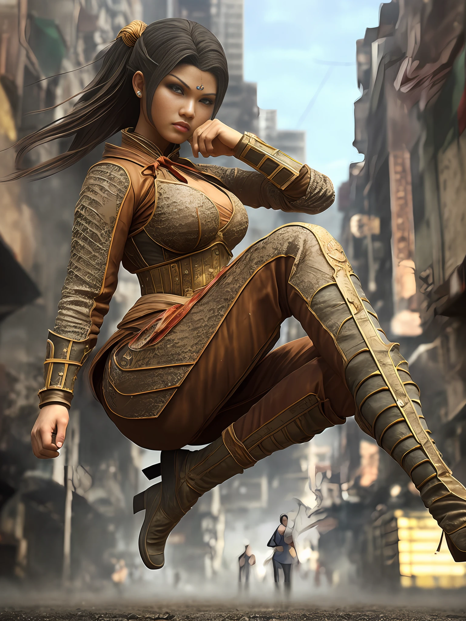 Street Fighter Beauty Character Concept Strong, ((14 years old))Oriental fashion beauty, ((Super Fine Tits)), slender waist, thick thighs, wearing feminine dress with lace, jumping kick, masterpiece, best quality, super detailed, ground, destroyed city background, shadow, contrast, clear sky, simulation style (see audience: 1.2) (skin texture) (film grain: 1.3), super high resolution, octane rendering, 16k --auto --s2