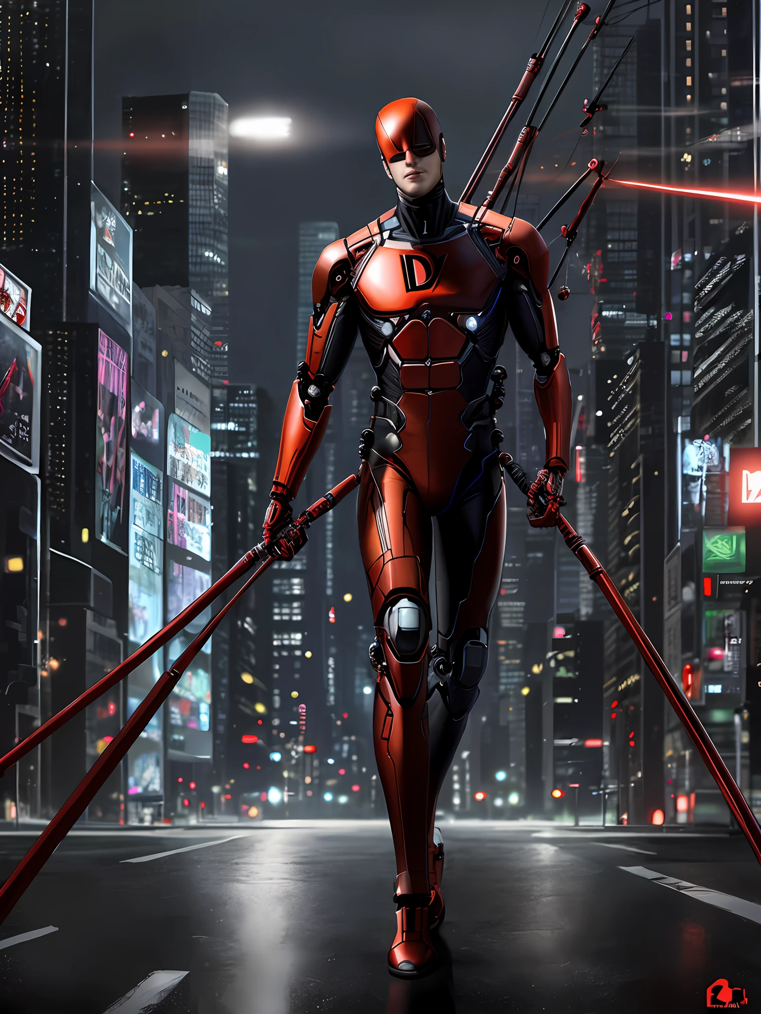 Daredevil long shot Professional photo, full body, hyper realistic, cybernetic beauty, no filter, depth of field