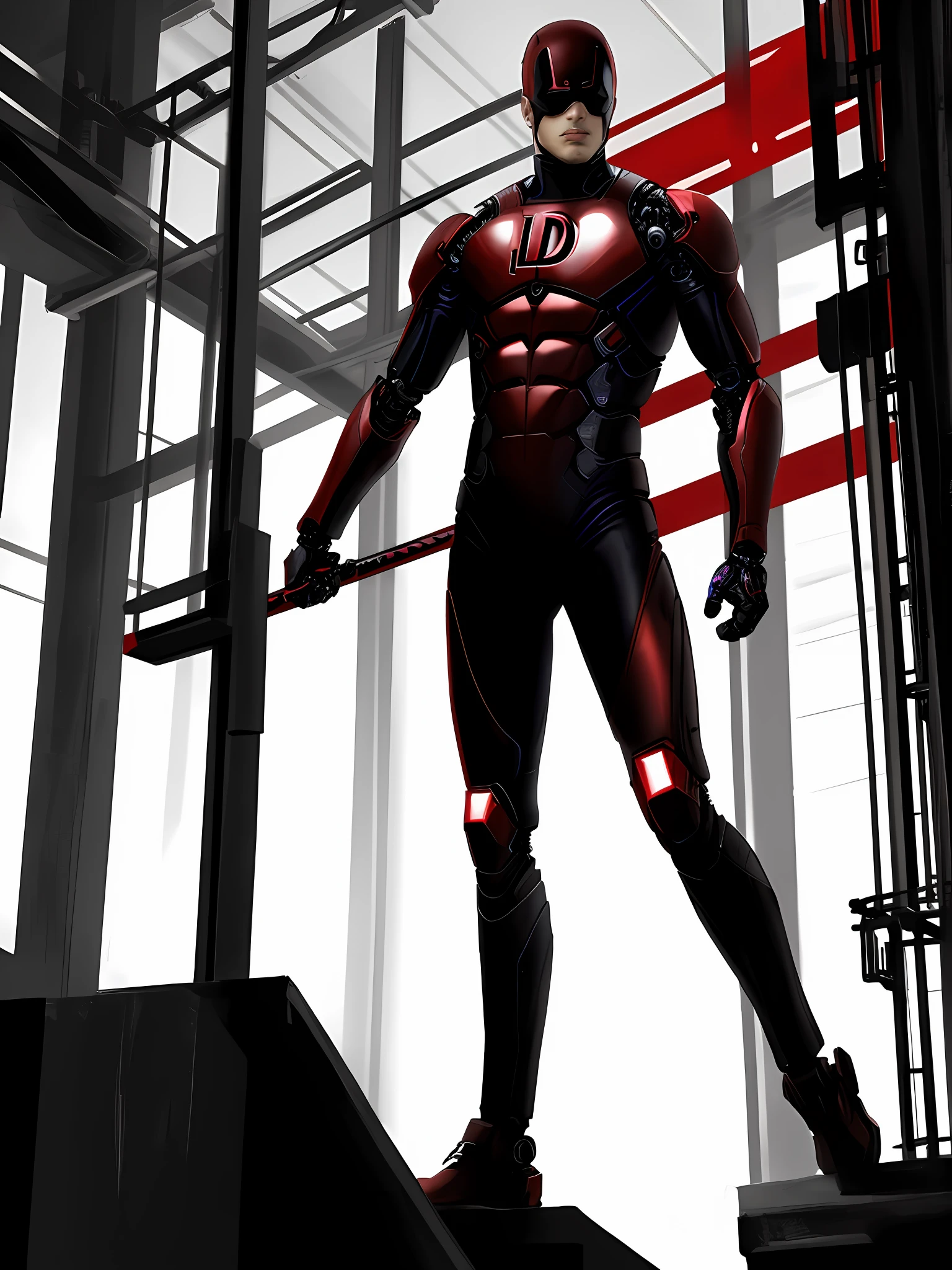 Daredevil long shot Professional photo, full body, hyper realistic, cybernetic beauty, no filter, depth of field
