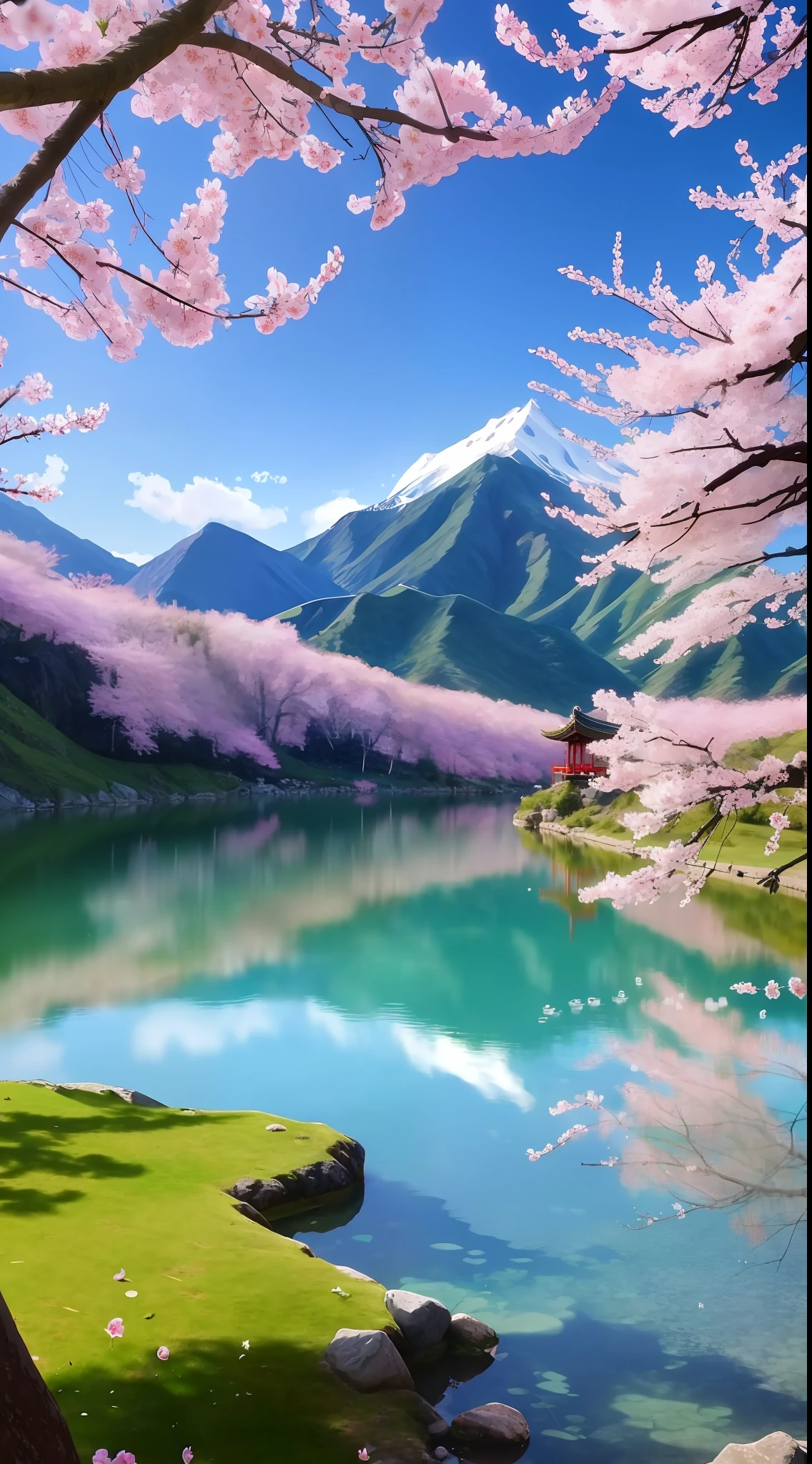 A beautiful Chinese mountain and lake, (masterpiece) with cherry blossoms (portrait), (original photo), (very detailed CG unified 8k wallpaper) intricate, clear focus, dramatic, realistic art