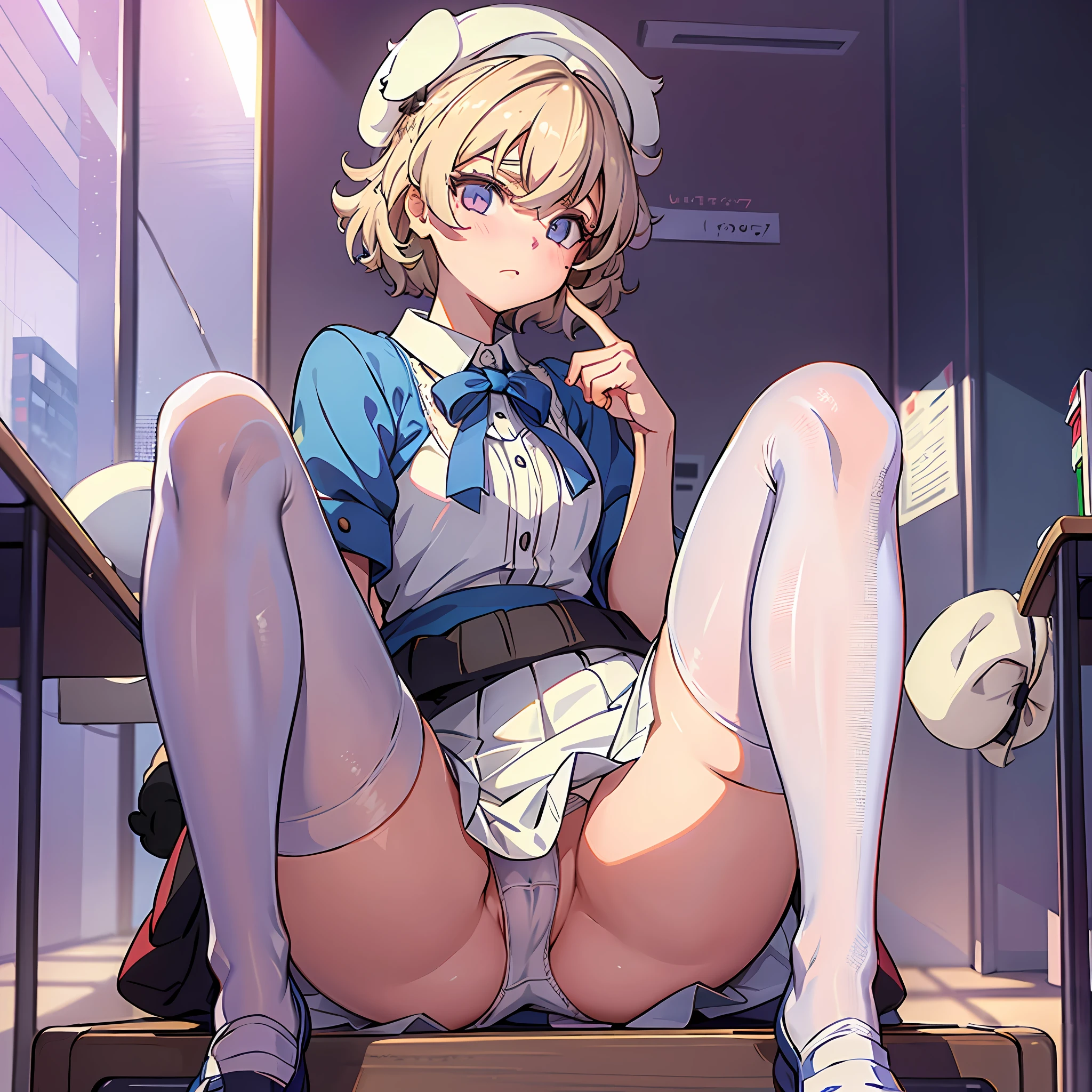 A girl sitting on a desk, school, classroom, spread legs, white panties, pervert, ultra detailed, (beret:1.8), (iwanagadress:1.2), (iwanagakotoko:0.9), iwanaga kotoko, beautiful body, beautiful face, good anatomy, white stockings, white panties, blonde hair, short hair, embarassed look, blushing, hand covering mouth, looking away